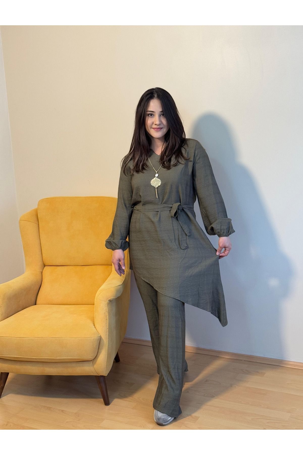 Eda Başak Atelier Keten Uzun Kollu Tesettür Pantolon Tunik Takım
