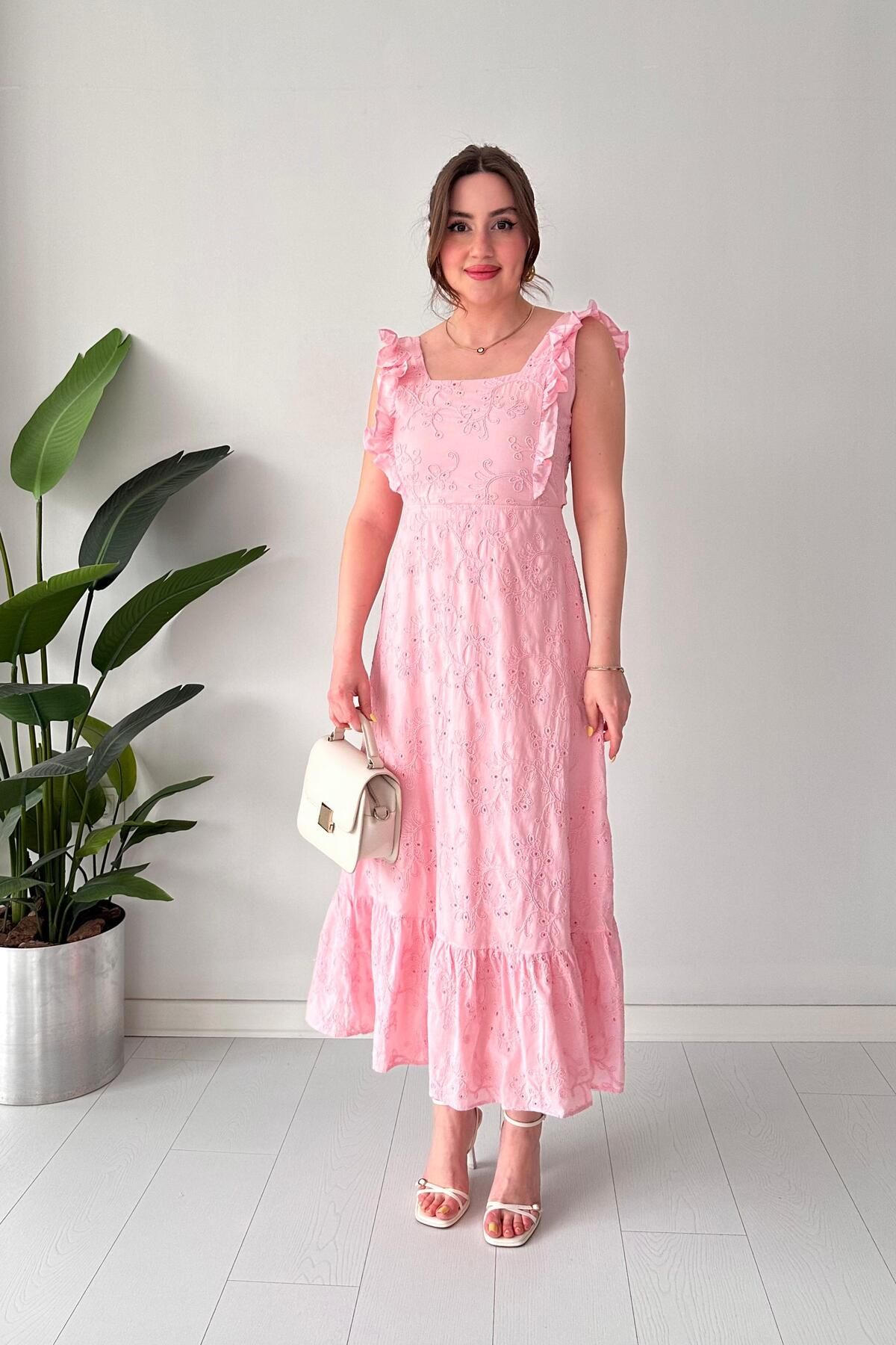 MaziButik Sırt Bağlama Fisto Elbise Pembe