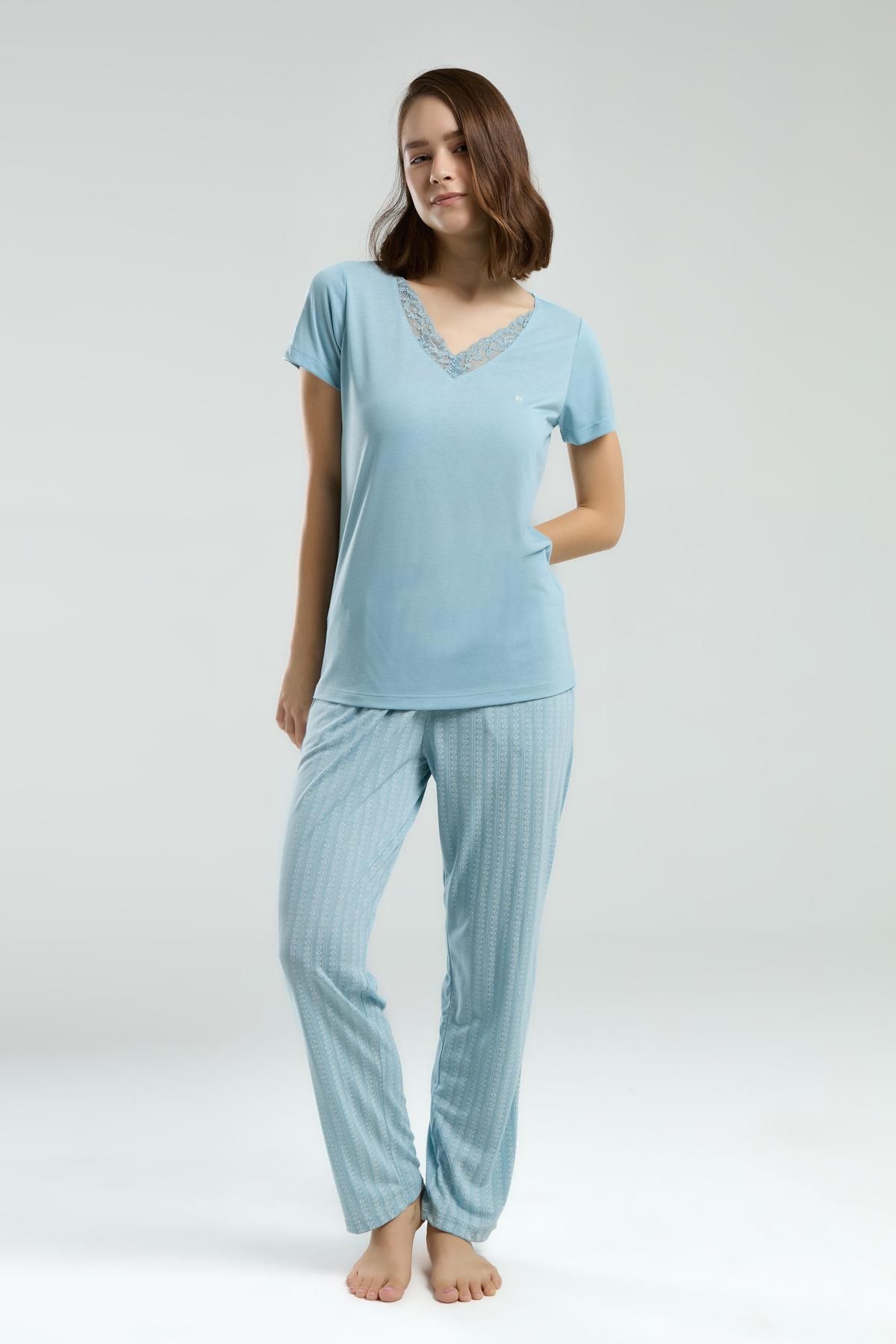 Pierre Cardin Kadın Mavi V Yakalı Viskon Kımaş Pijama Takım