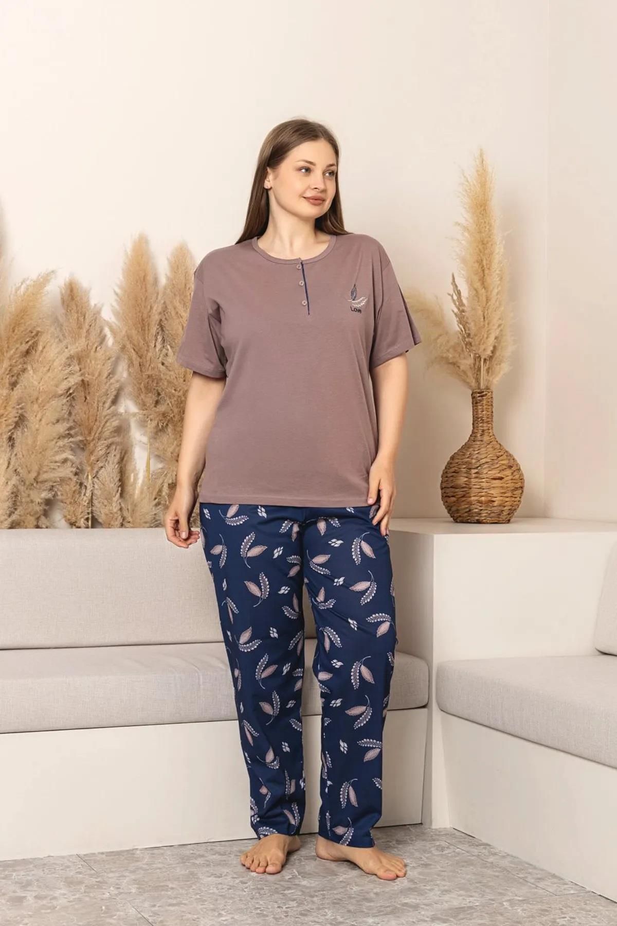 Sude Kadın Büyük Beden Düğme Yaka Penye Likralı Kısa Kol İnce Pijama Takımı P284 - 1 Adet