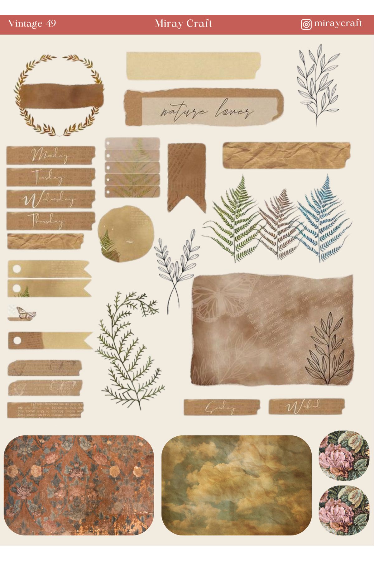 MirayDesign 1 Adet Vintage Temalı Sticker (12x17 cm) Bullet Journal, Scrapbook, Ajanda ve Planlayıcı İçin