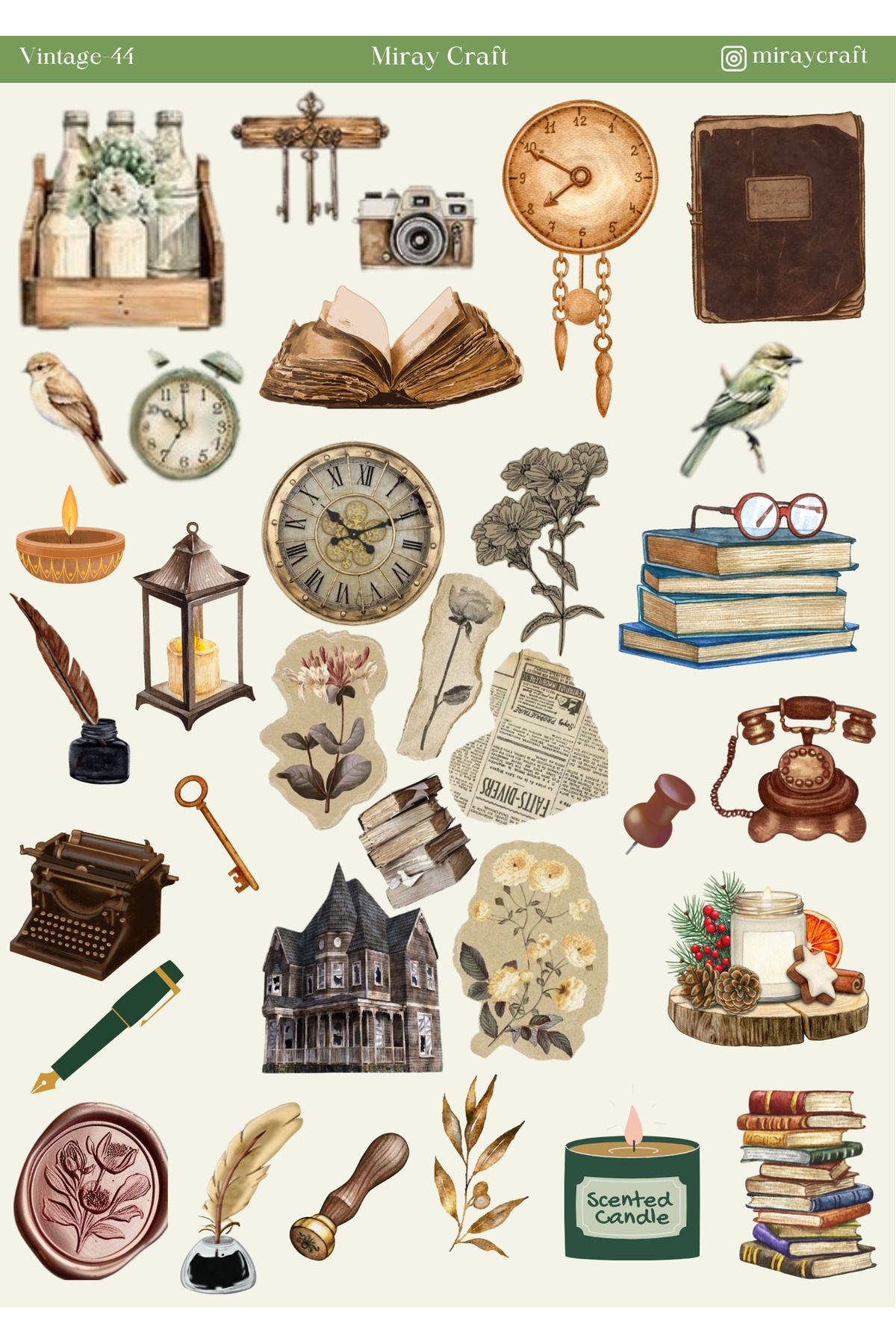 MirayDesign 1 Adet Vintage Temalı Sticker (12x17 cm) Bullet Journal, Scrapbook, Ajanda ve Planlayıcı İçin
