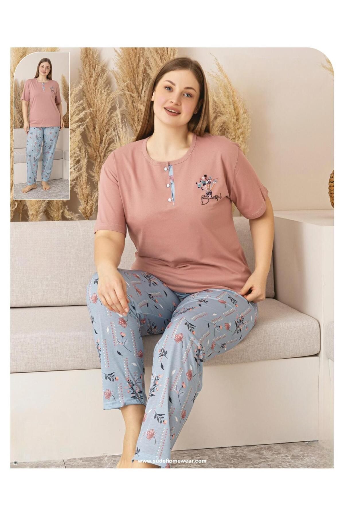 Sude Kadın Büyük Beden Düğme Yaka Penye Kısa Kol İnce Pijama Takımı P127 - 1 Adet