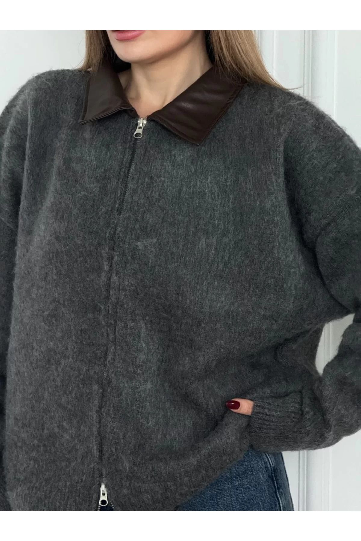 BBbutik Deri Yakalı Pamuk dokulu Çift Taraflı Çalışan Fermuar Ceket