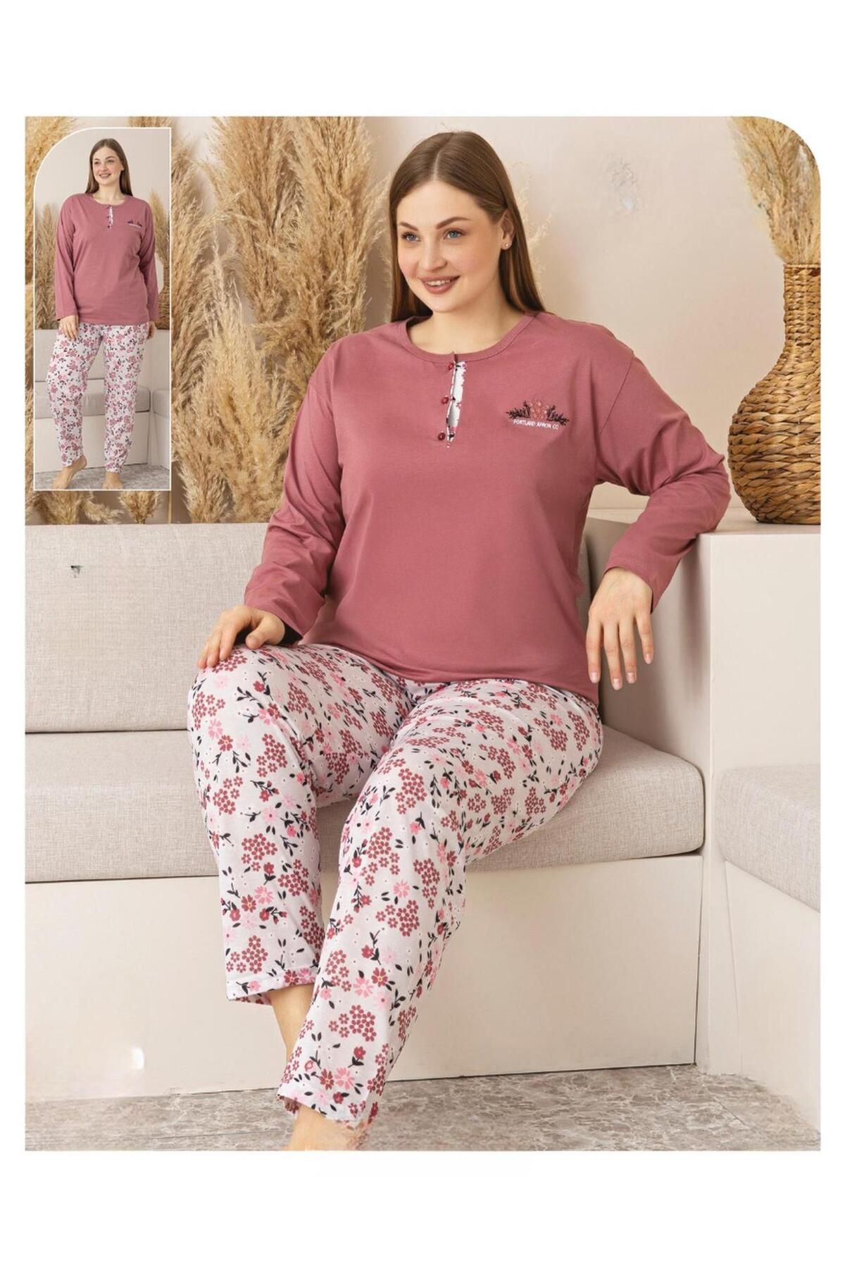 Sude Kadın Büyük Beden Düğme Yaka Penye Uzun Kol İnce Pijama Takımı P135 - 1 Adet