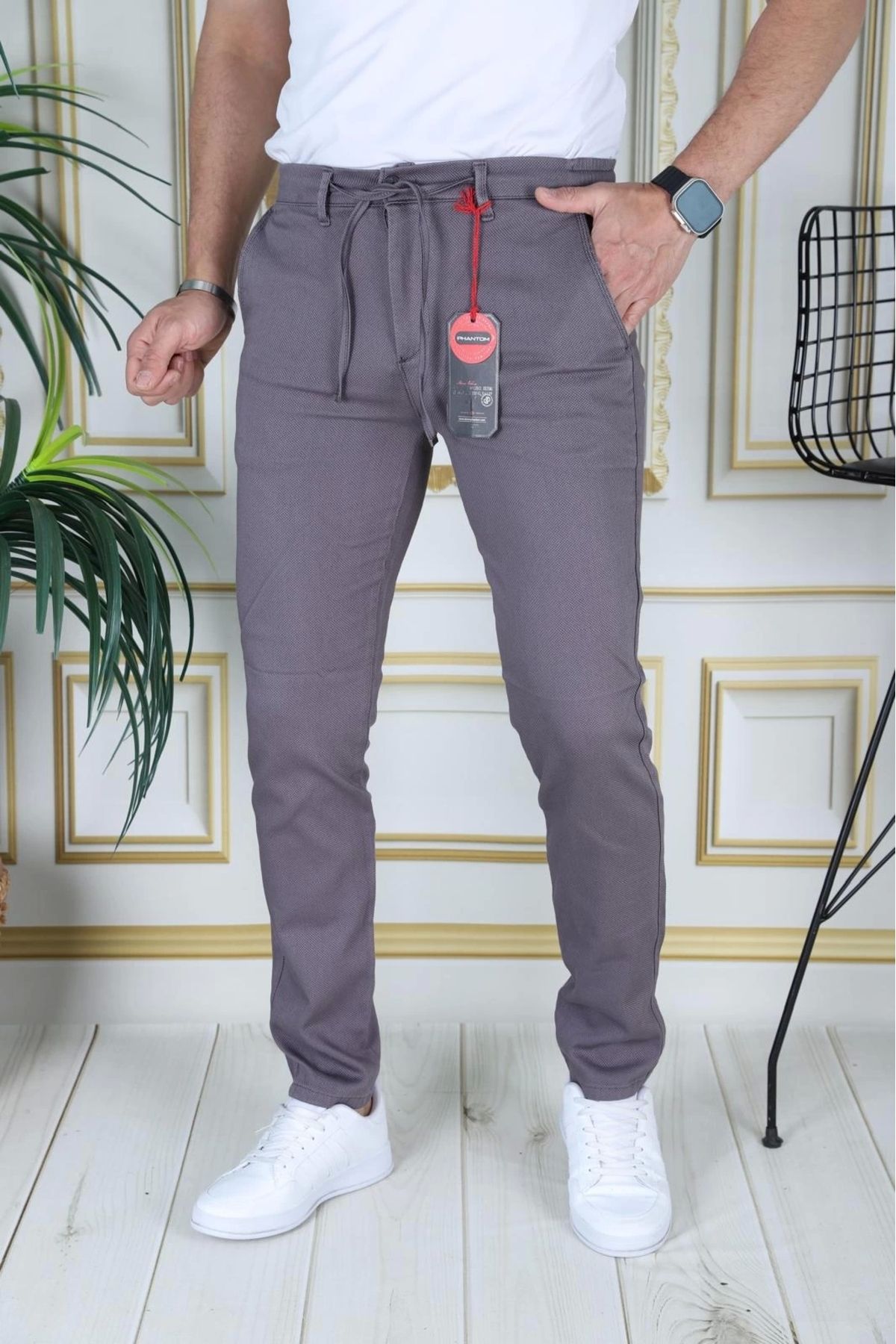 PHANTOM JEANS-Men's Smoked Slim Fit Stretchy Lycra Dobby Linen Trousers Stylish Trousers with Lace-Up Belt and Elastic Waist 4