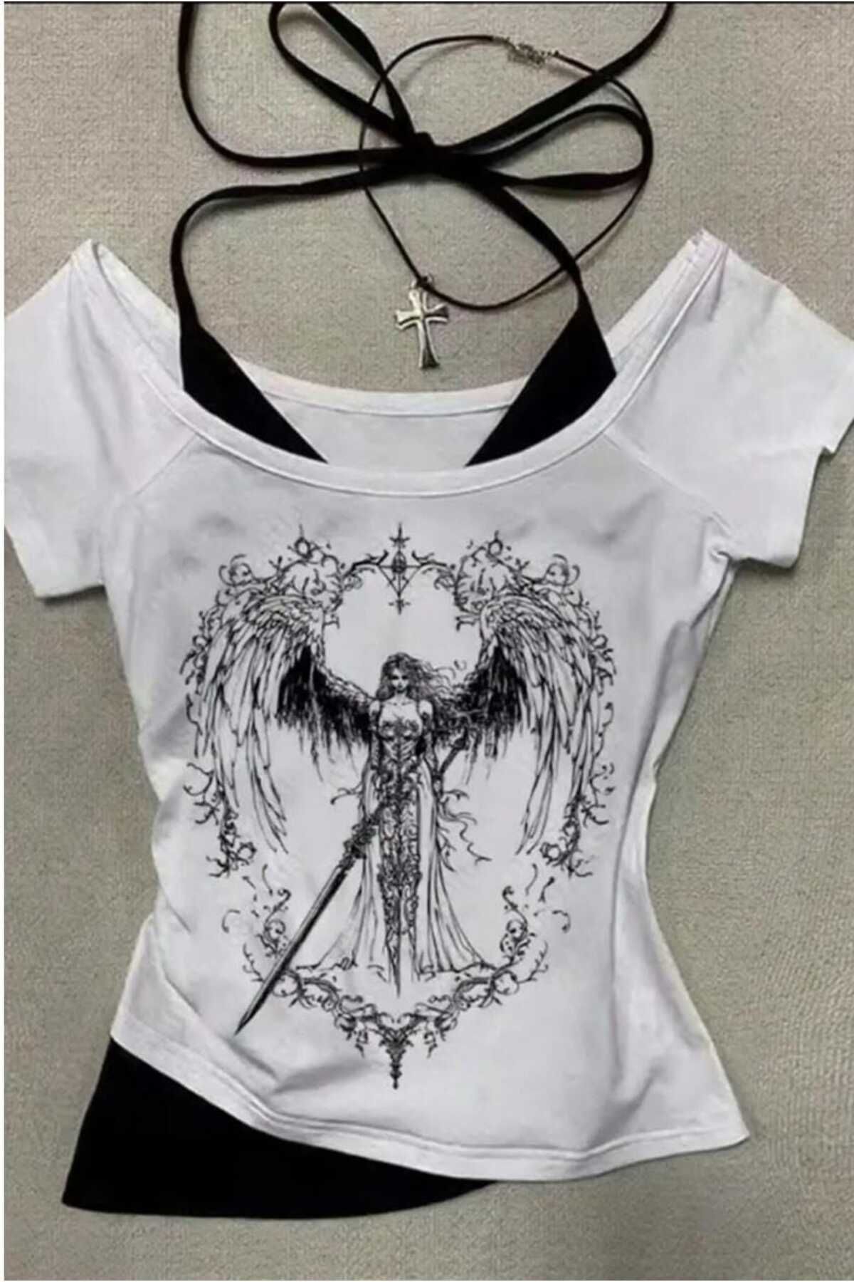 Moonstarcollection Sword warriror angel Madonna yaka ek askılı kısa kollu tam boy bluz