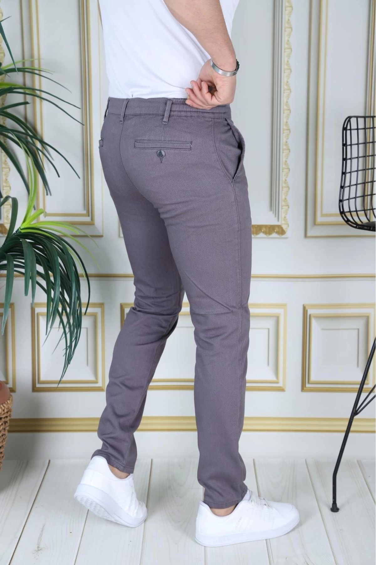 PHANTOM JEANS-Men's Smoked Slim Fit Stretchy Lycra Dobby Linen Trousers Stylish Trousers with Lace-Up Belt and Elastic Waist 3