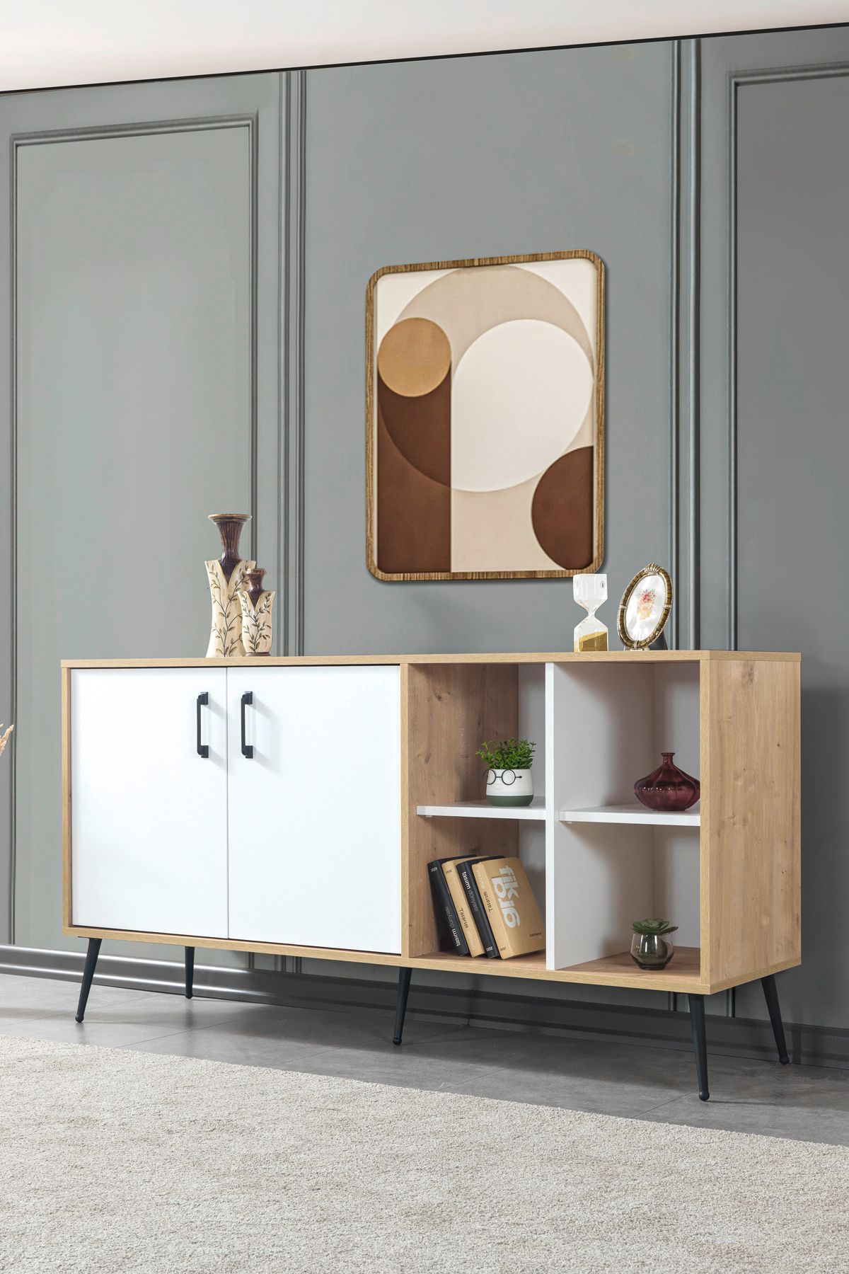Evmo Home 4611 Şile Metal Ayaklı Metal Kulplu 160 Cm Konsol - Yemek Odası Beyaz - Safir
