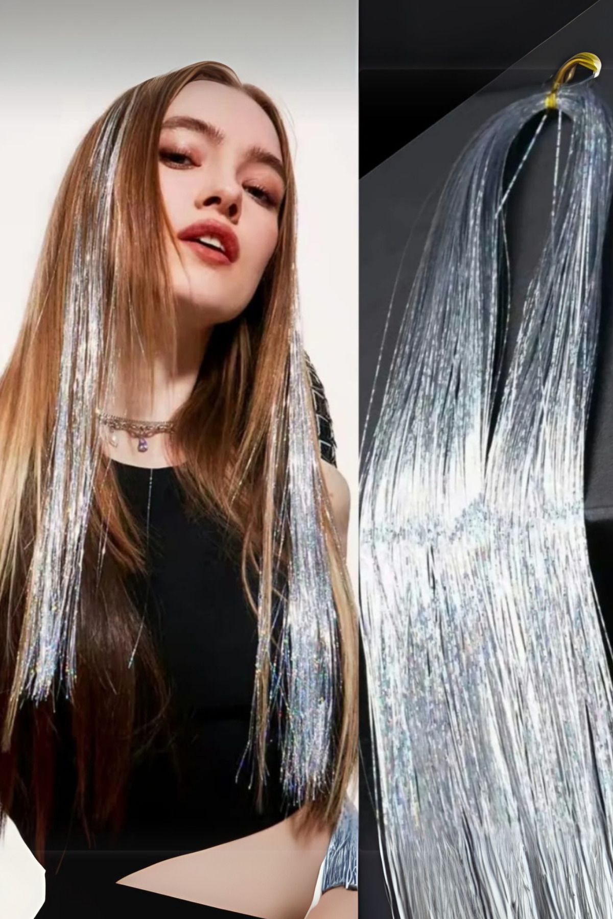 Diloshtrend Design Gri Renk Simli Saç Aksesuarı (İTHAL) Hair Tinsel Shiny Postiş Gelin Teli Saç Simi Aksesuarı