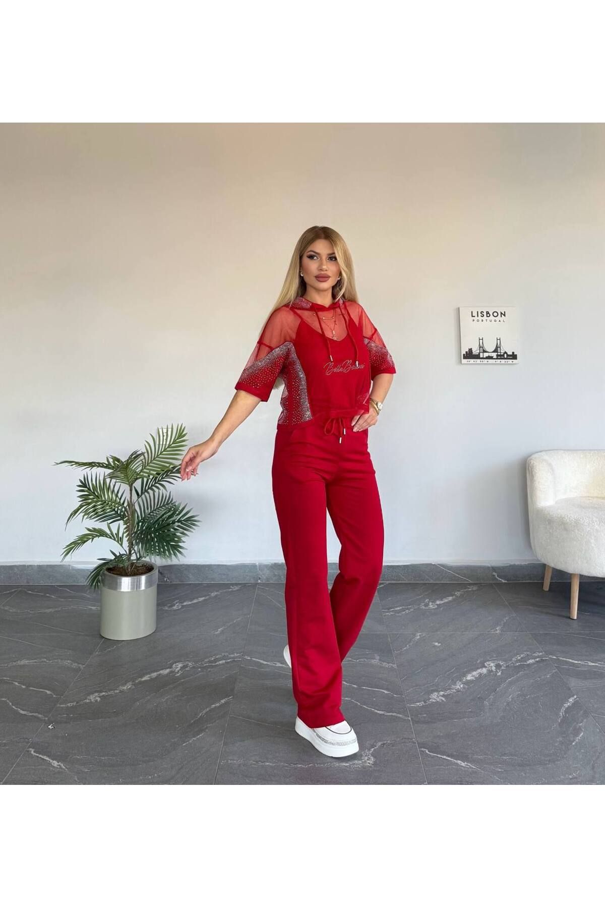 Bella Belluci Yeni Sezon Kapüşonlu Tüllü Yüksek Bel Üçlü Takım