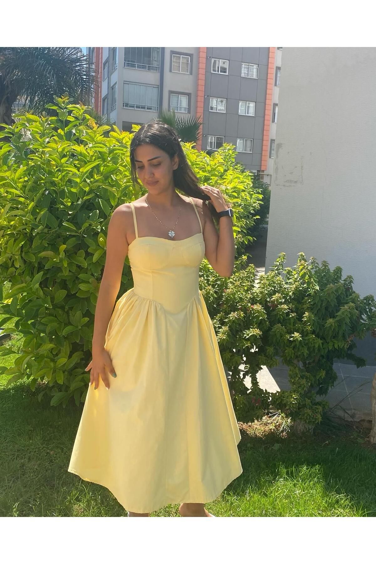 Girls House Kadın Sarı İp Askılı Korse Detaylı Midi Boy Elbise