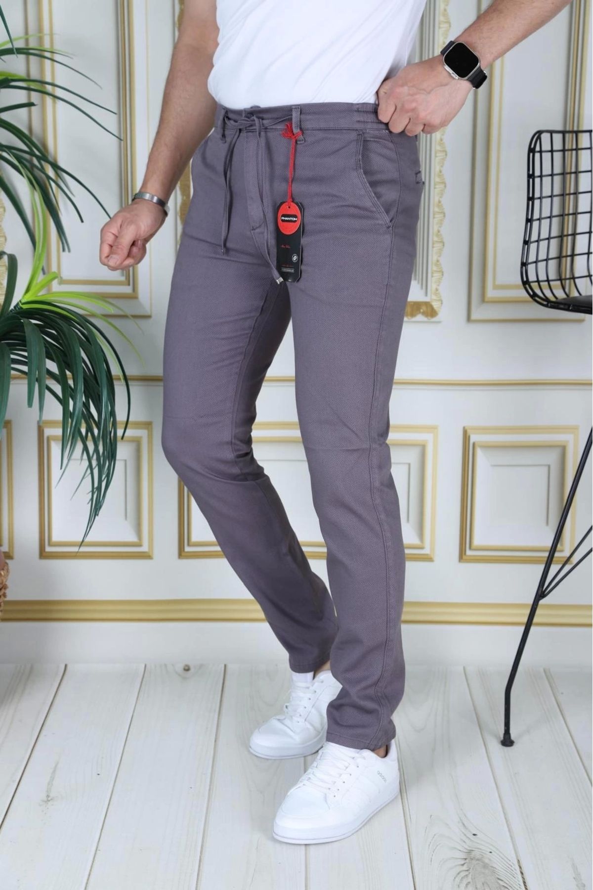 PHANTOM JEANS Erkek Füme Slim Fit Esnek Likralı Armürlü Keten Pantolon Bağcıklı Kemerli Beli Lastikli Şık Pantolon