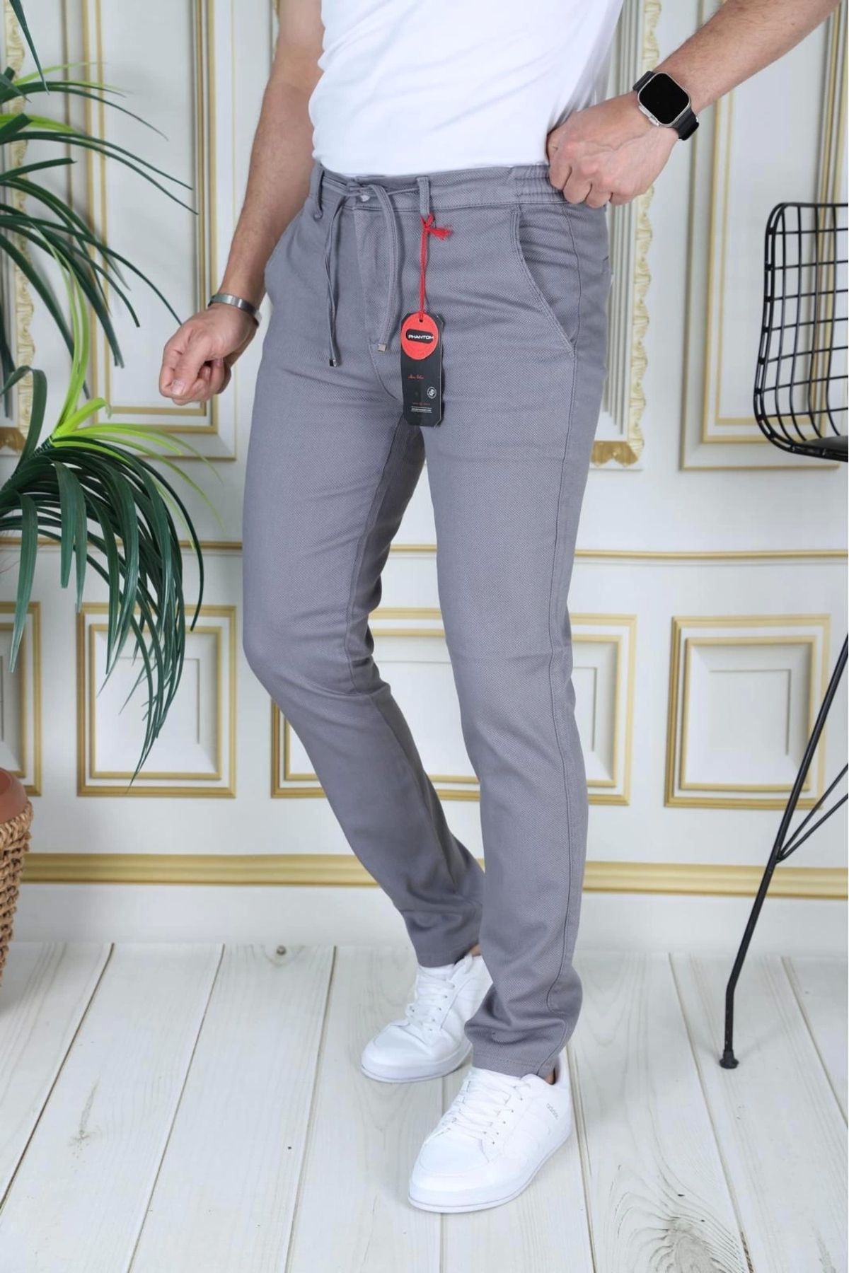 PHANTOM JEANS Erkek Gri Slim Fit Esnek Likralı Armürlü Keten Pantolon Bağcıklı Kemerli Beli Lastikli Şık Pantolon