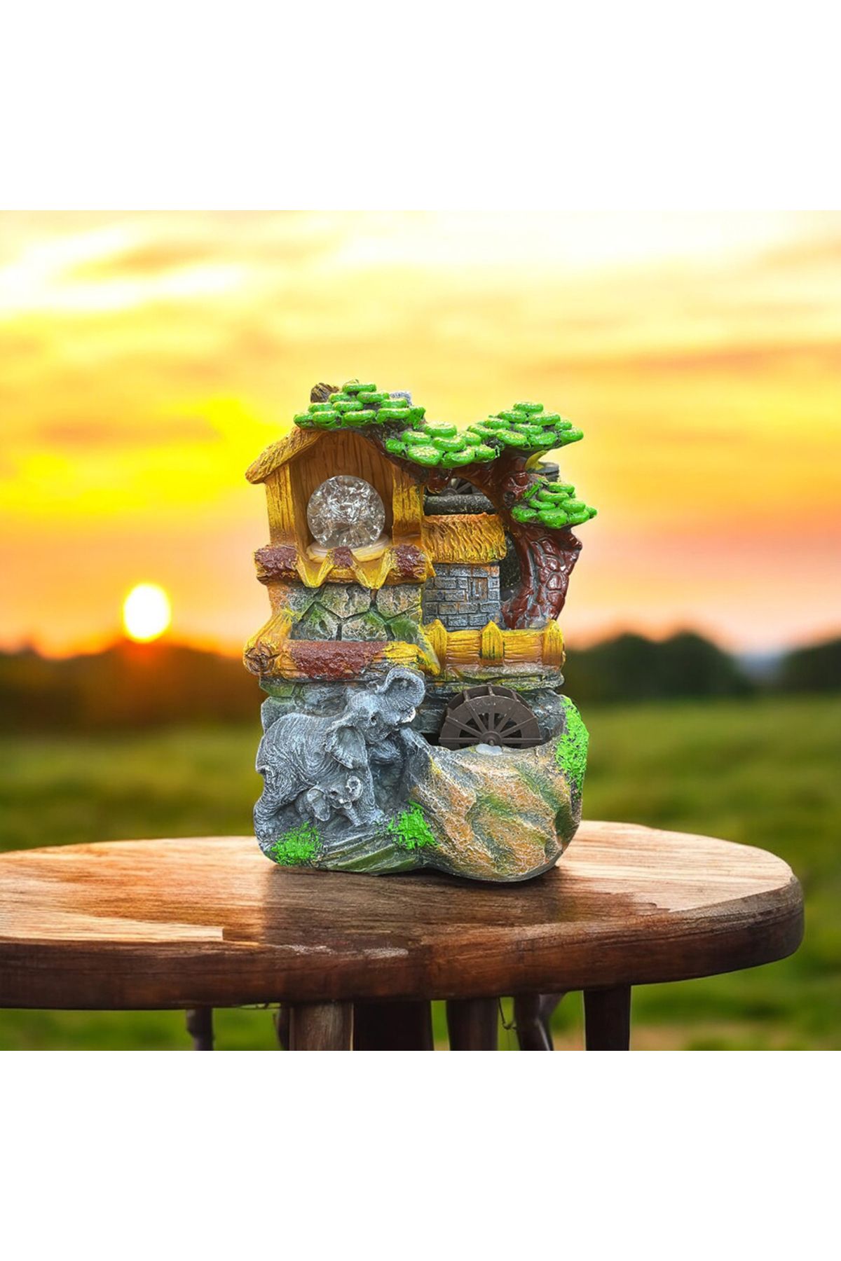 keyfimshop Fil Figürlü Işıklı Mini Şelale Masaüstü Süsü – Su Değirmenli, Polyester & Reçine, 27x19x15 cm
