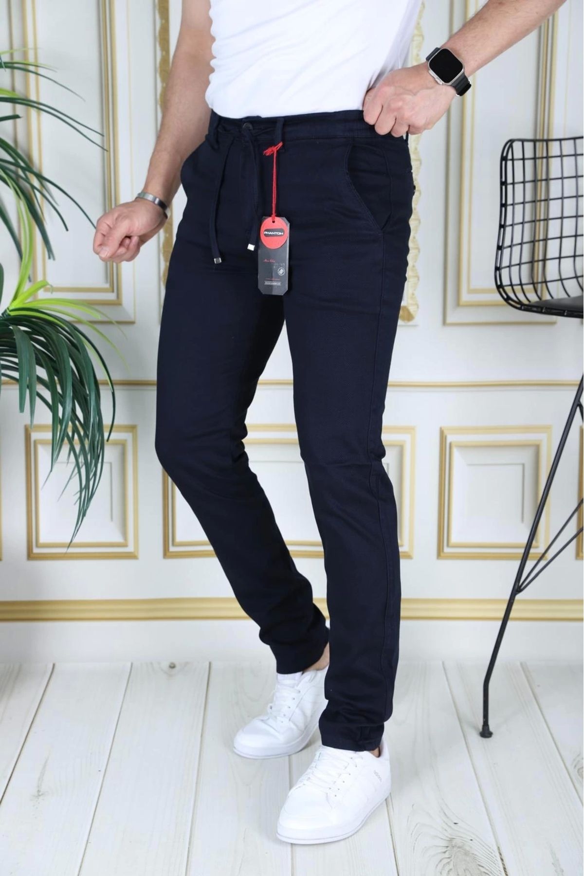 PHANTOM JEANS Erkek Lacivert Slim Fit Esnek Likralı Armürlü Keten Bağcıklı Kemerli Beli Lastikli Şık Pantolon