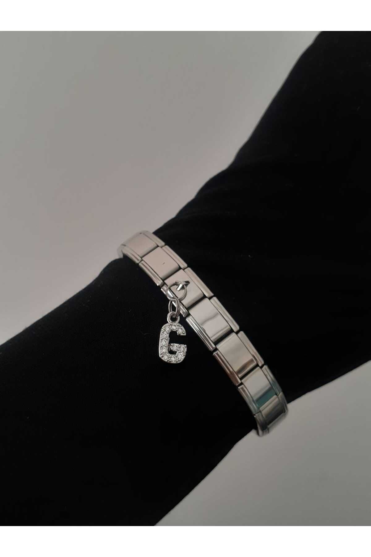 bijoux uniques Çelik G Harfli Zirkon Taşlı İtalyan Charm Bileklik