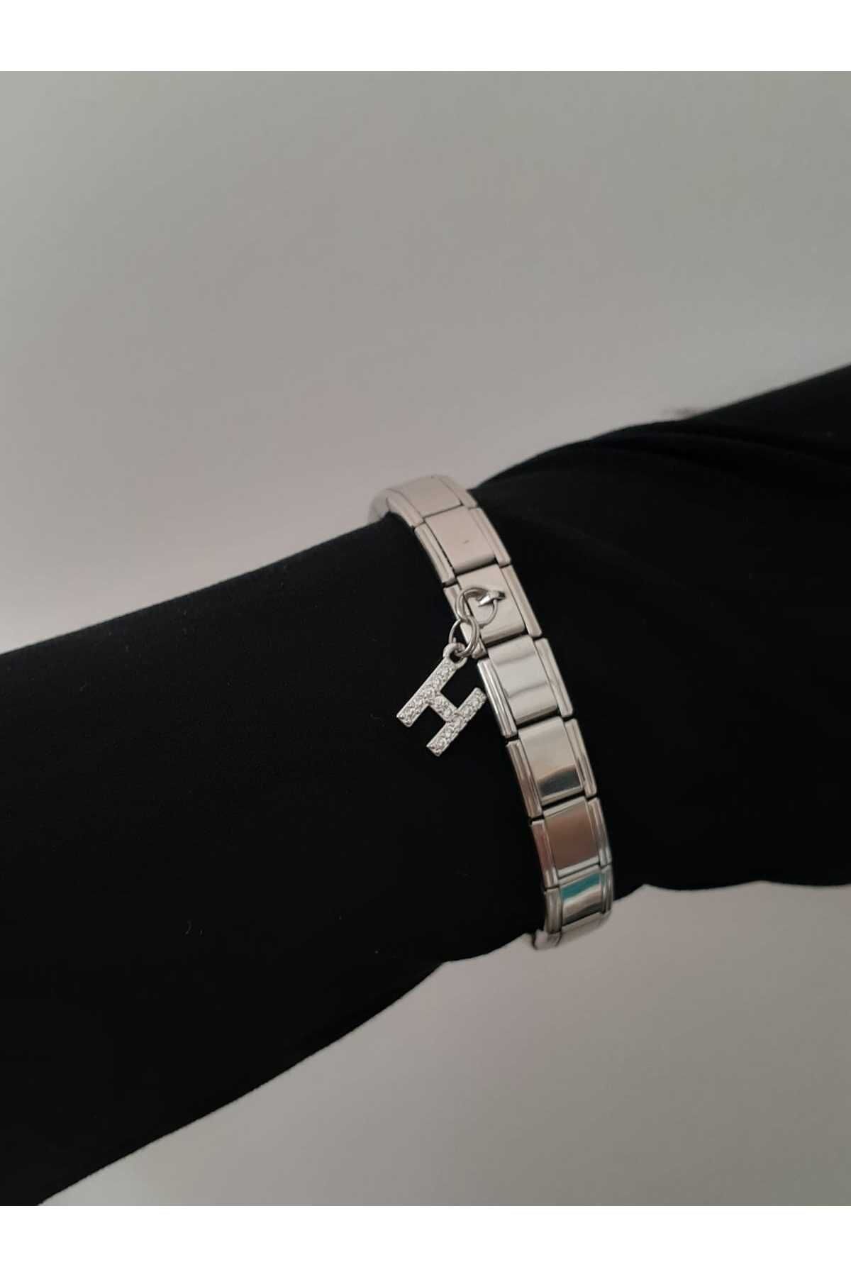 bijoux uniques Çelik H Harfli Zirkon Taşlı İtalyan Charm Bileklik