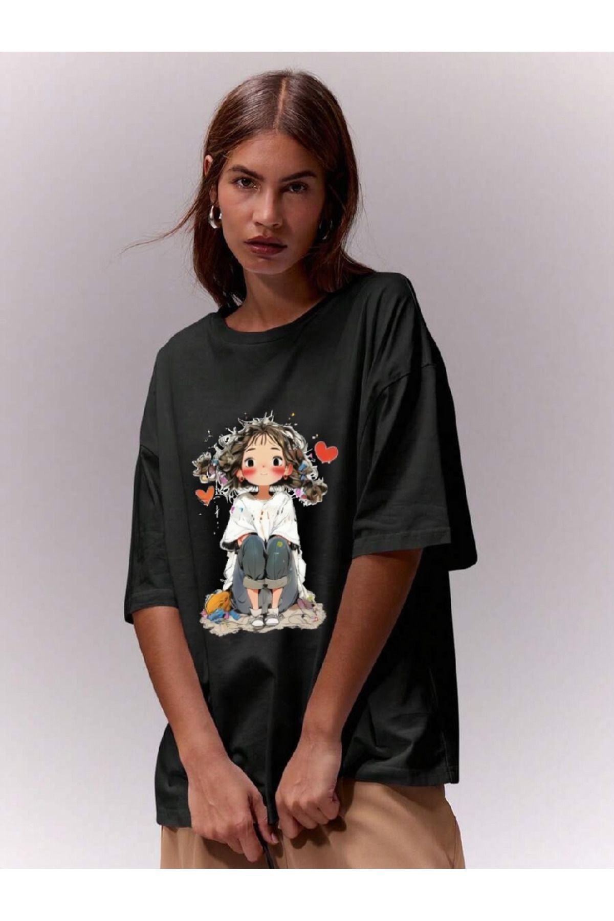 ELNOYA Unisex Pamuklu Siyah Oversize "Sevimli Kız" Baskılı Rahat Günlük T-shirt