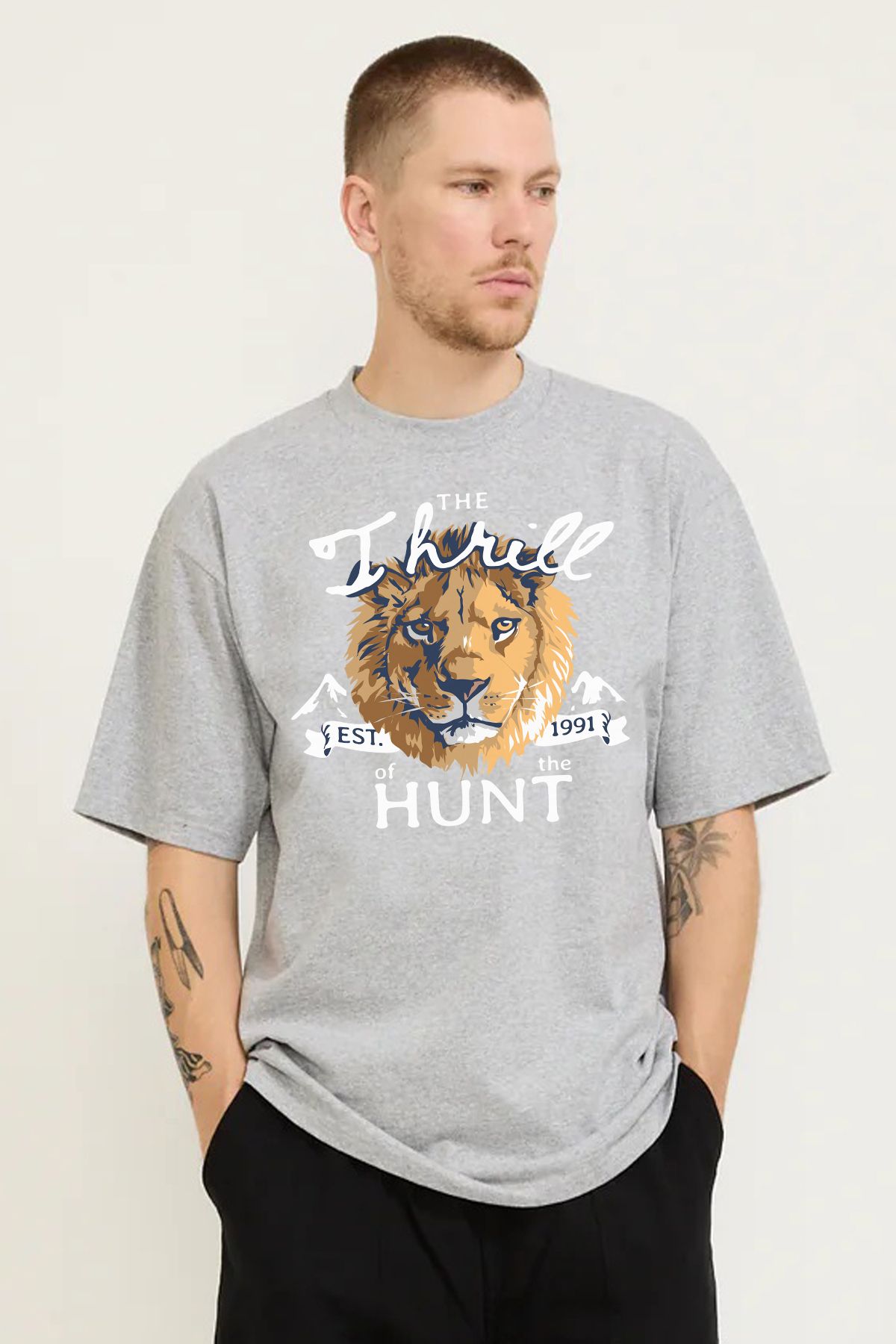 MODA Aslan Surat Hunt Av Avcı Baskılı Oversize Kalıp Grimelanj Bol Geniş Kesim Erkek Tişört