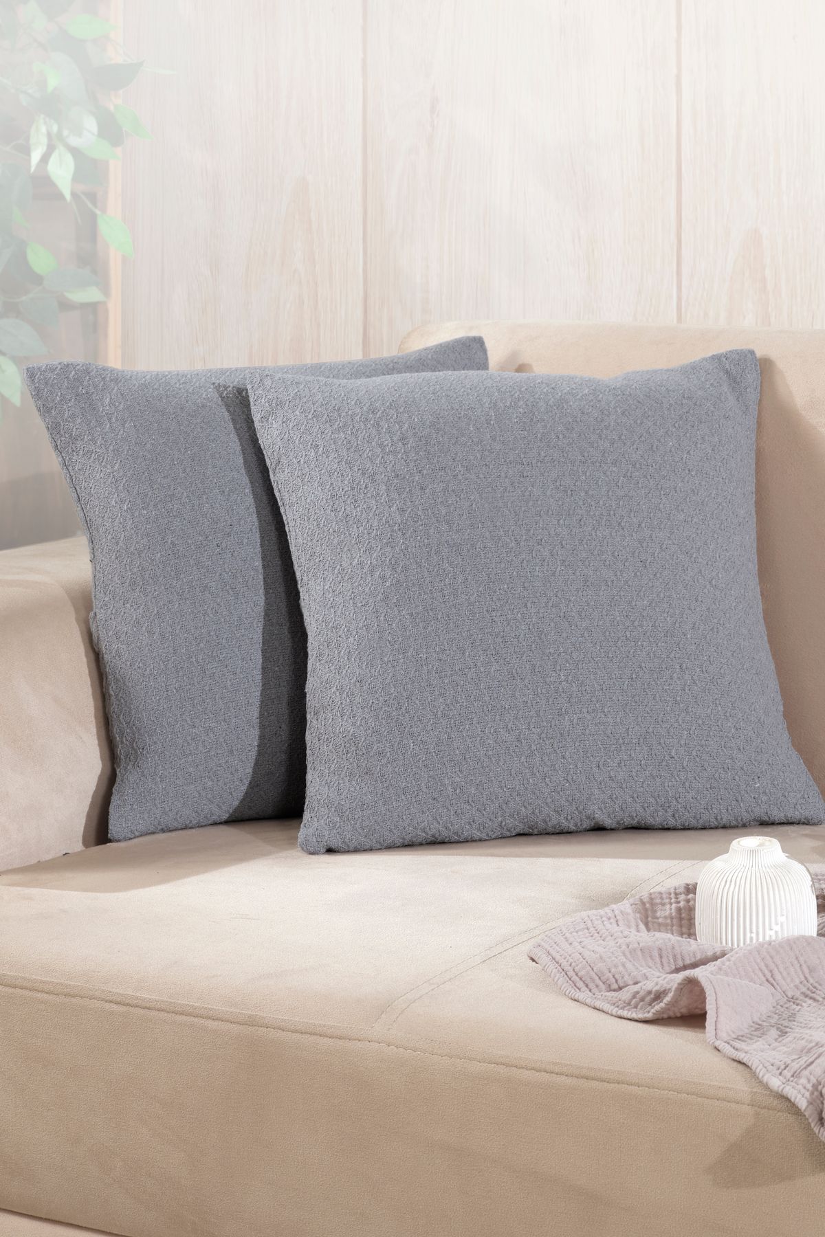 LADYNİL Bohem 2'li Kırlent Kılıfı Dekoratif Yastık Kılıfı 45x45 Fermuarlı Gri