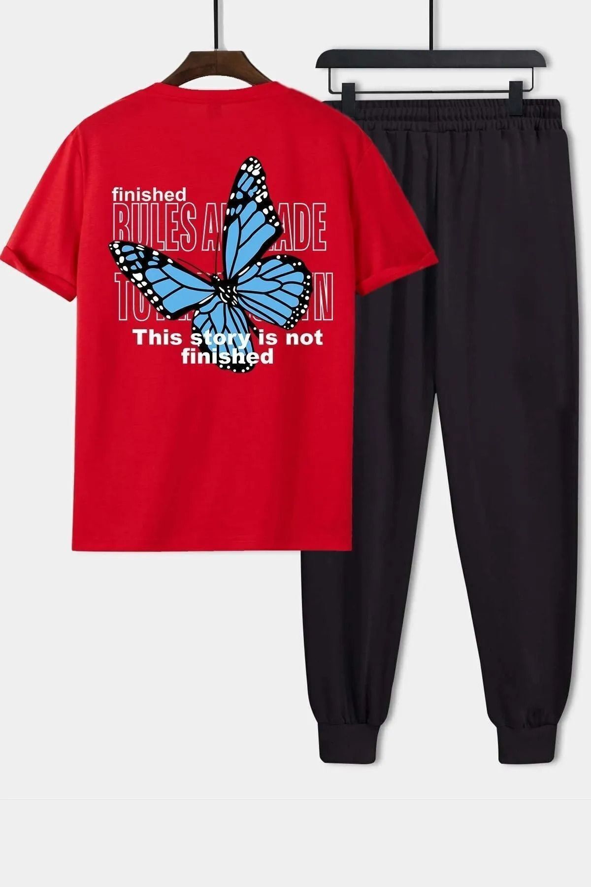 HOFFNUNG Full Pants Kelebek Baskılı Kırmızı Tişört Siyah Alt Desıgn