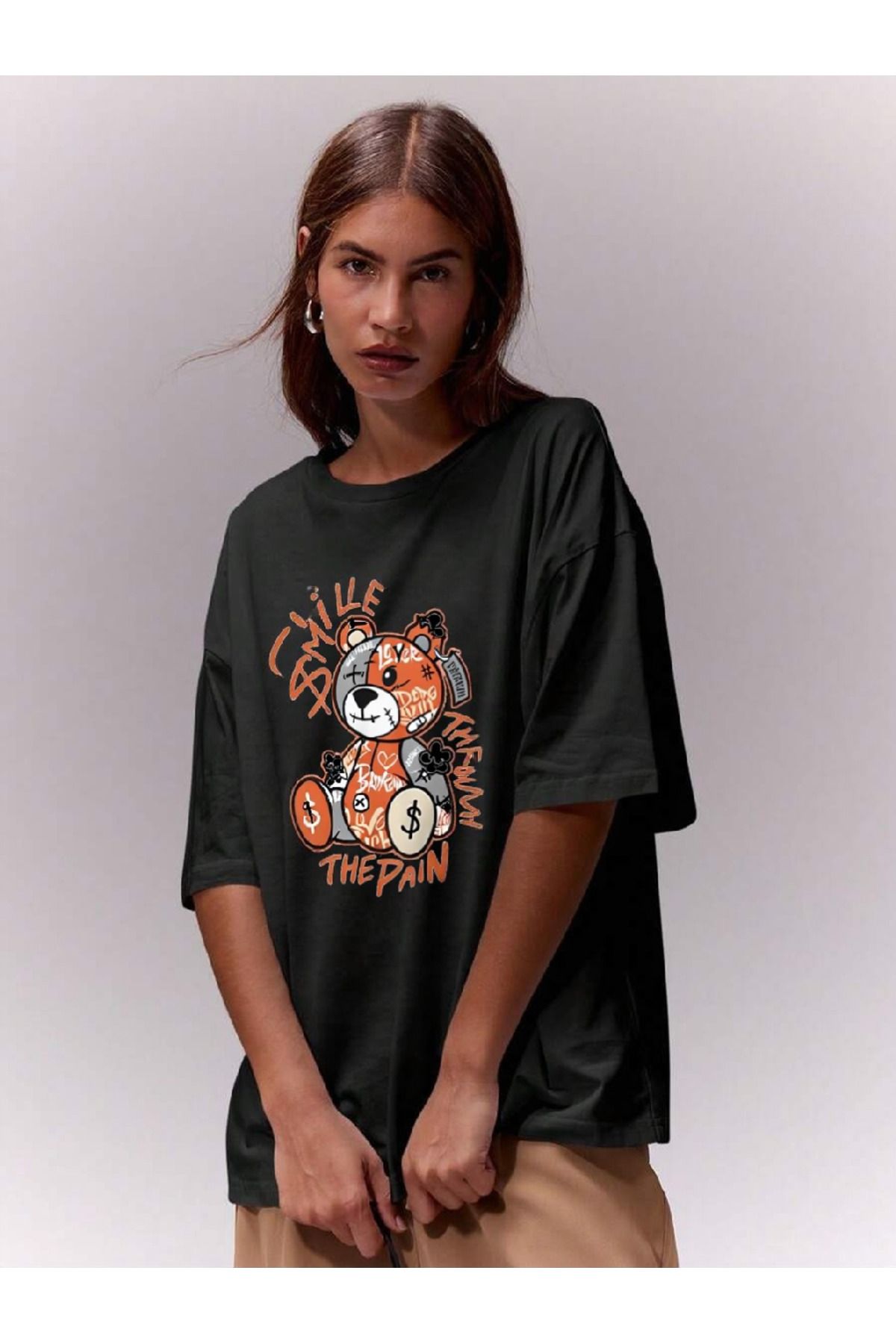 ELNOYA Unisex Pamuklu Siyah Oversize "Ayıcık Smile" Baskılı Rahat Günlük T-shirt