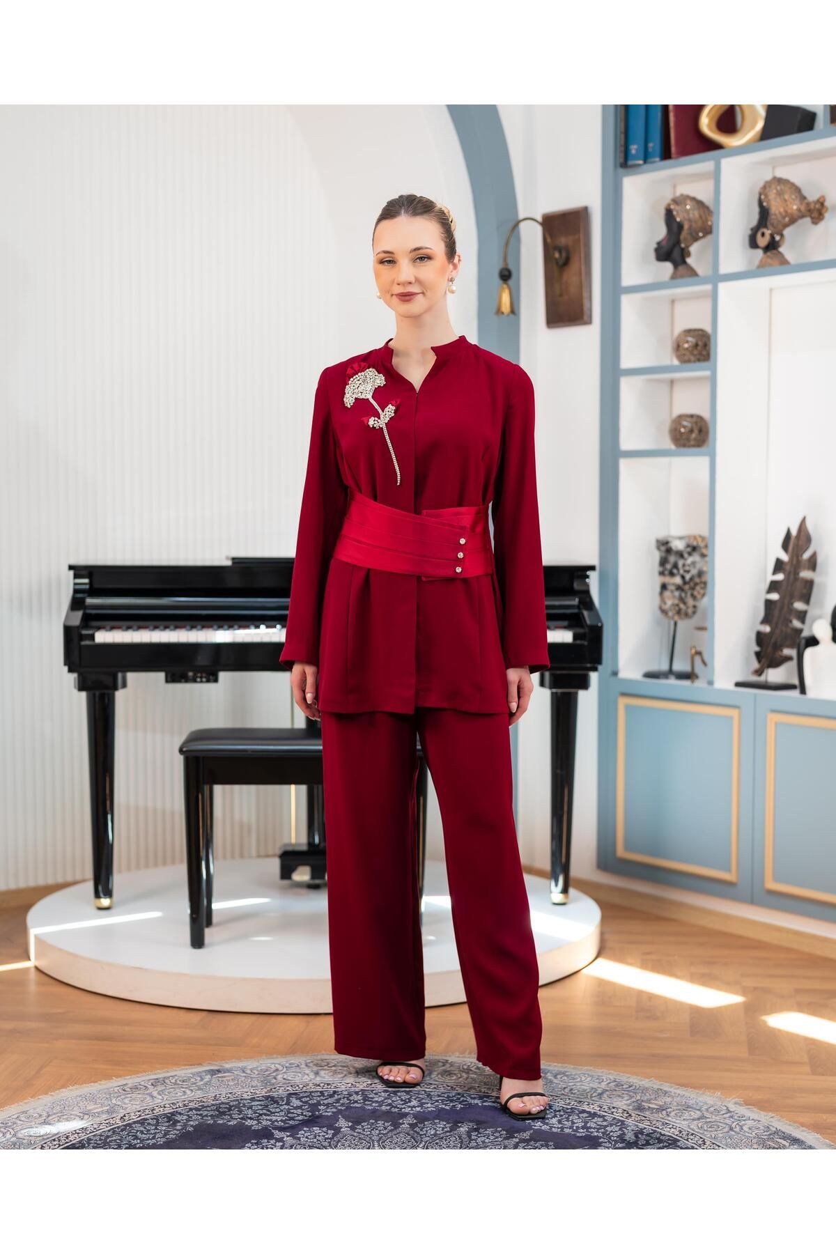 YAFA CLOTHING & ACCESSORIES Kemerli Ceket Pantolon İkili Takım Bordo