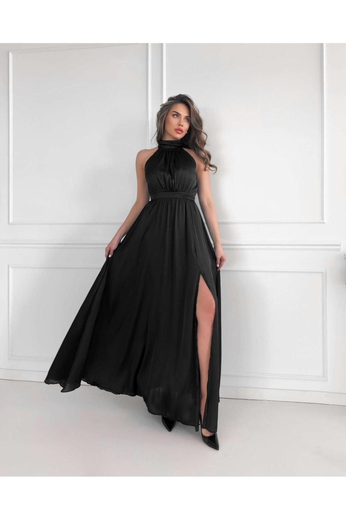 KOSHKA MODA Halter Yaka Yırtmaçlı Uzun Elbise