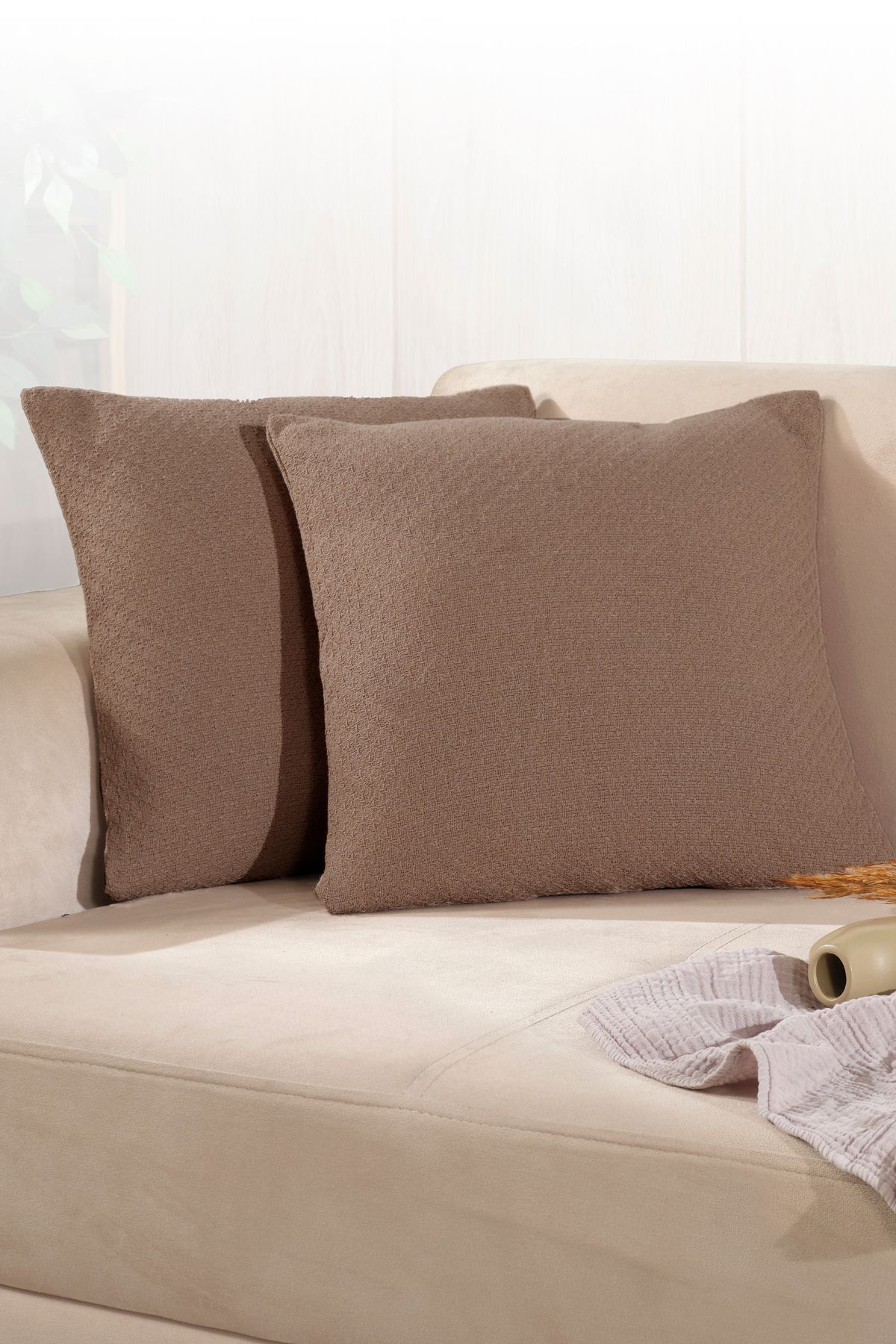 LADYNİL Bohem 2'li Kırlent Kılıfı Dekoratif Yastık Kılıfı 45x45 Fermuarlı Kahverengi