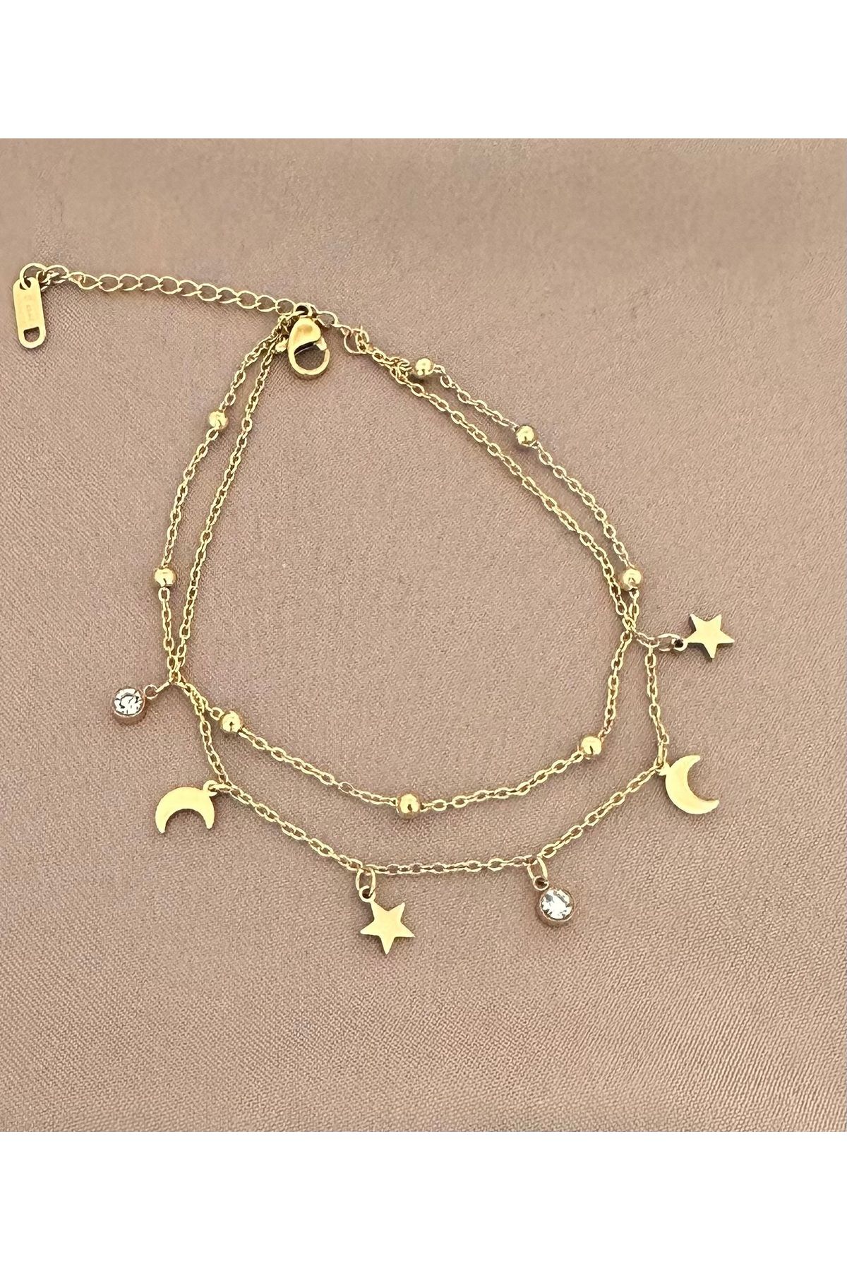 lolajewelry luxury steel gold renk dorika zincir zirkon taşlı ay yıldız çelik Halhal