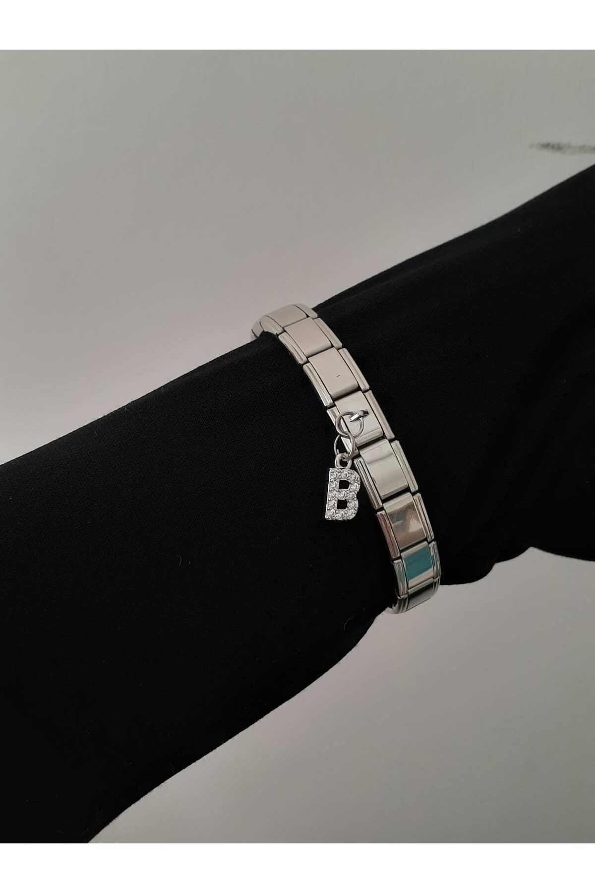 bijoux uniques Çelik B Harfli Zirkon Taşlı İtalyan Charm Bileklik