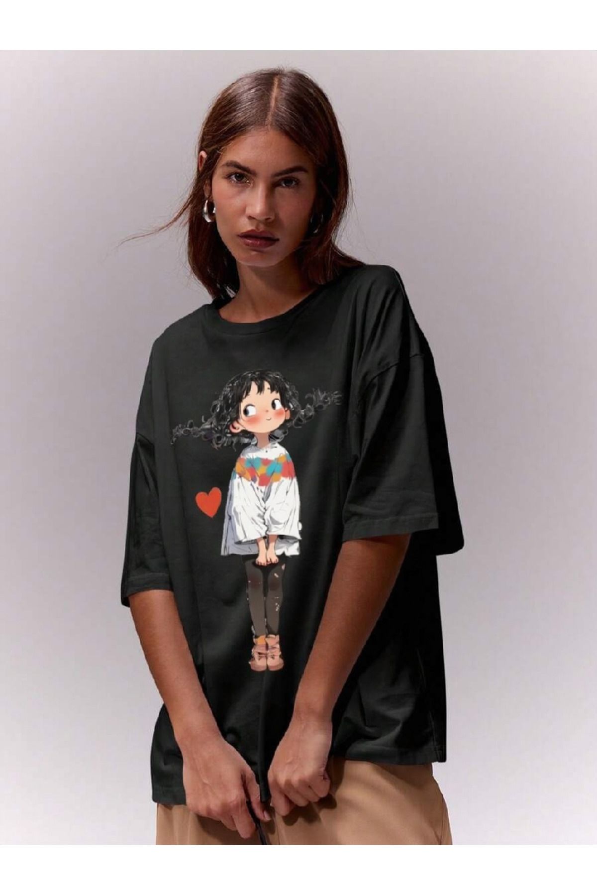 ELNOYA Unisex Pamuklu Siyah Oversize "Sevimli Kız" Baskılı Rahat Günlük T-shirt