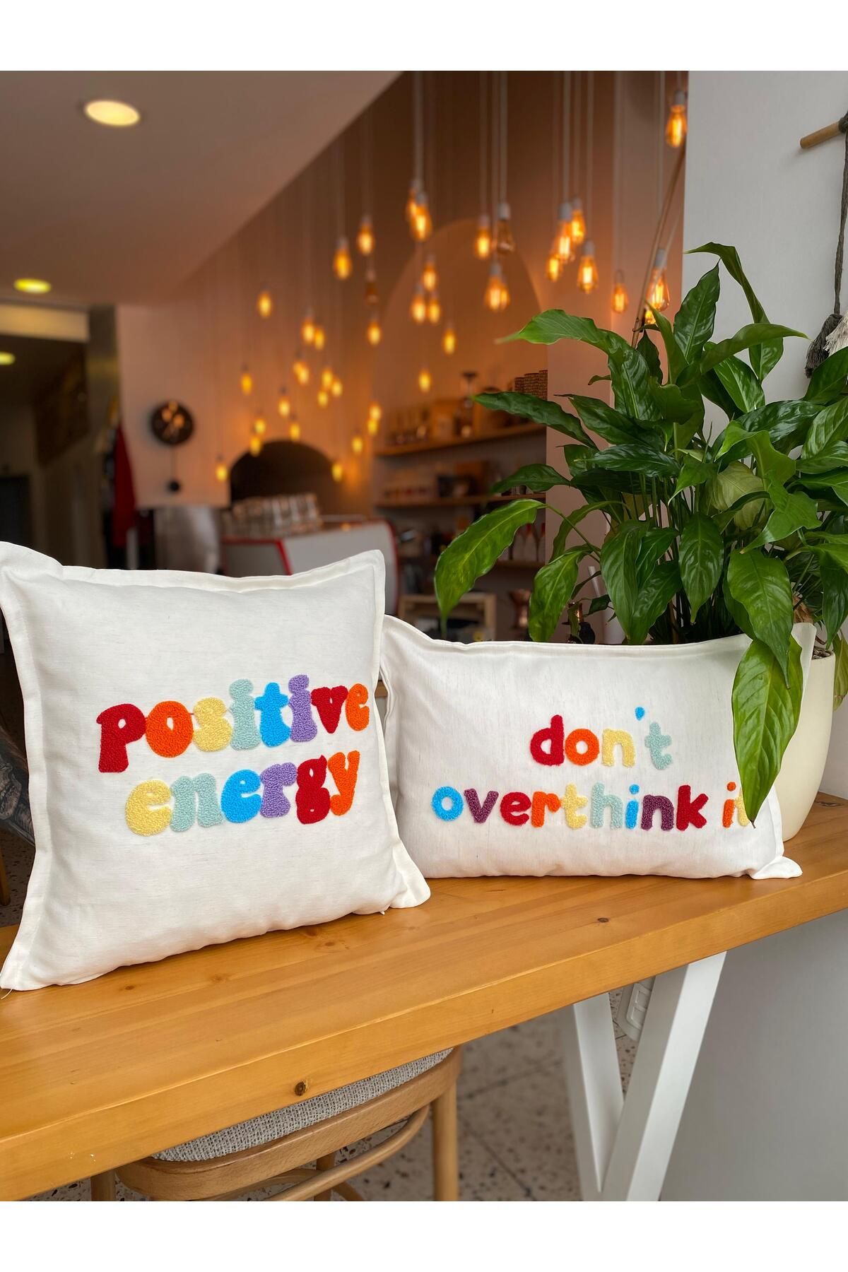 RahanDesign Dont Overthink It - Positive Energy Punch İşlemeli 2li Kırlent Kılıfı Seti - (43x43-30x50cm)