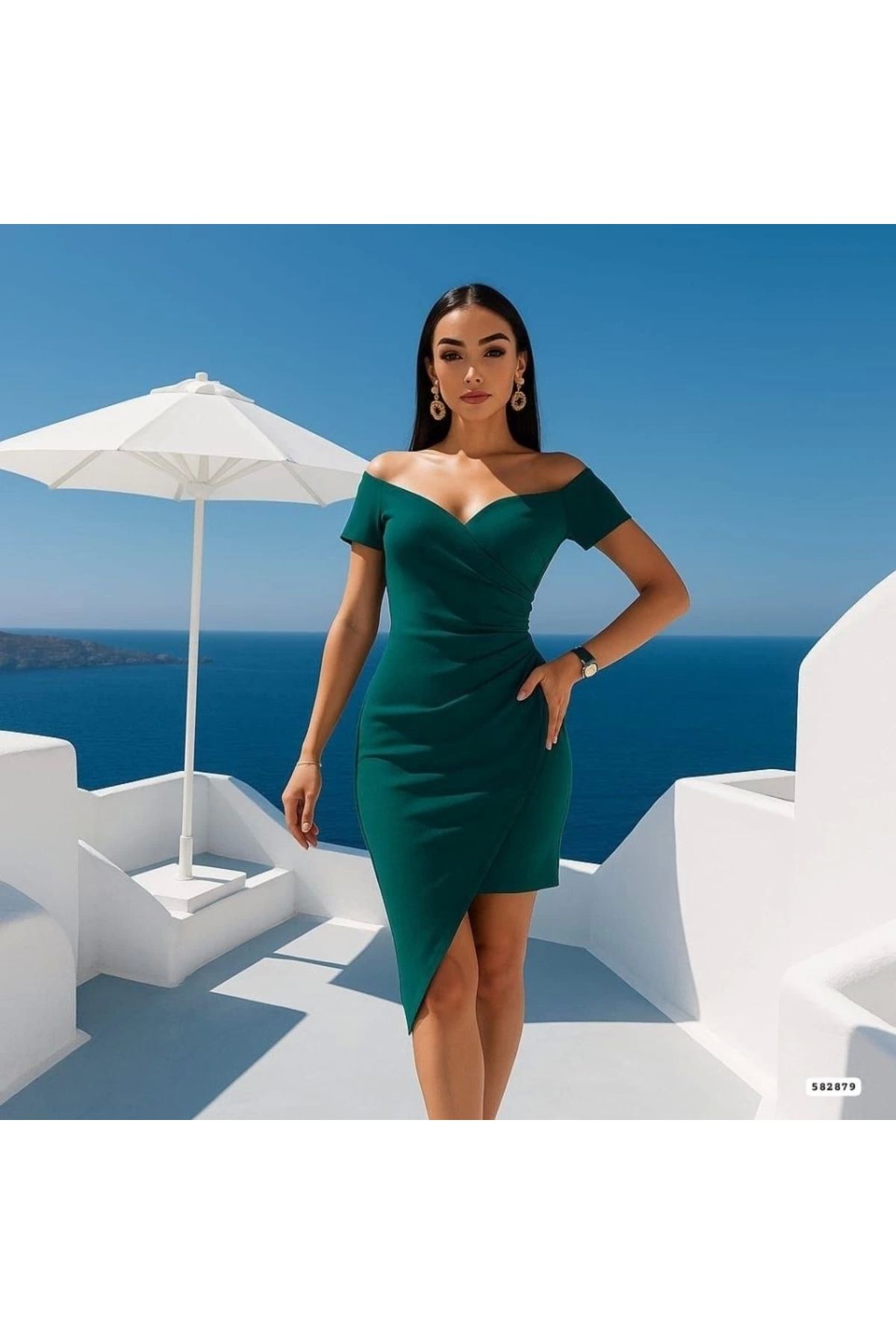 Butik Kadın Dekolte Detay Madonna Yaka Asimetrik Kesim Kruvaze Elbise