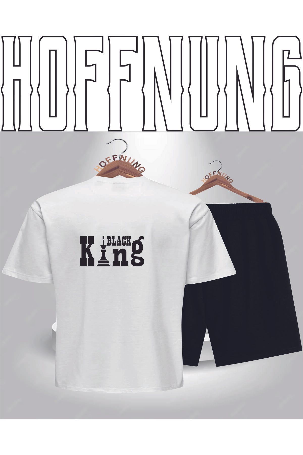 HOFFNUNG Full Short Oversize Beyez Black Kıng Baskılı Penye Şort Yazlık Takım