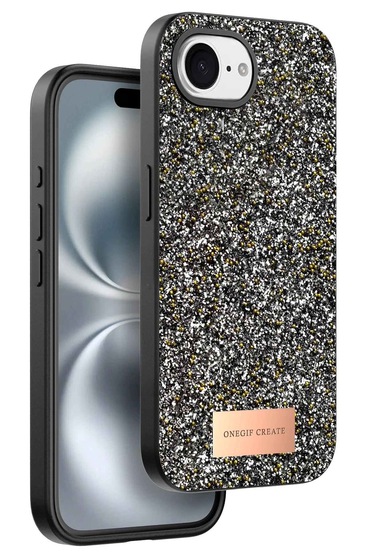 Rivor Apple iPhone 16e Uyumlu Kılıf Kamera Çıkıntı Taşlı Boncuk İşlemeli Simli Sert Premium Kapak