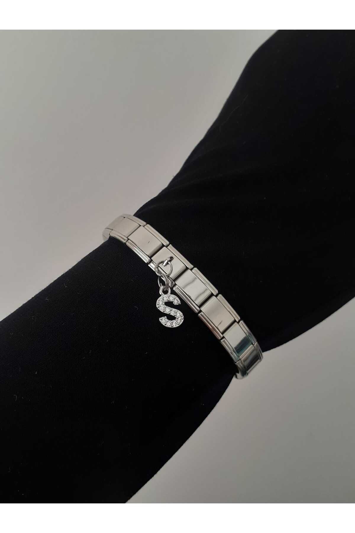 bijoux uniques Çelik S Harfli Zirkon Taşlı İtalyan Charm Bileklik