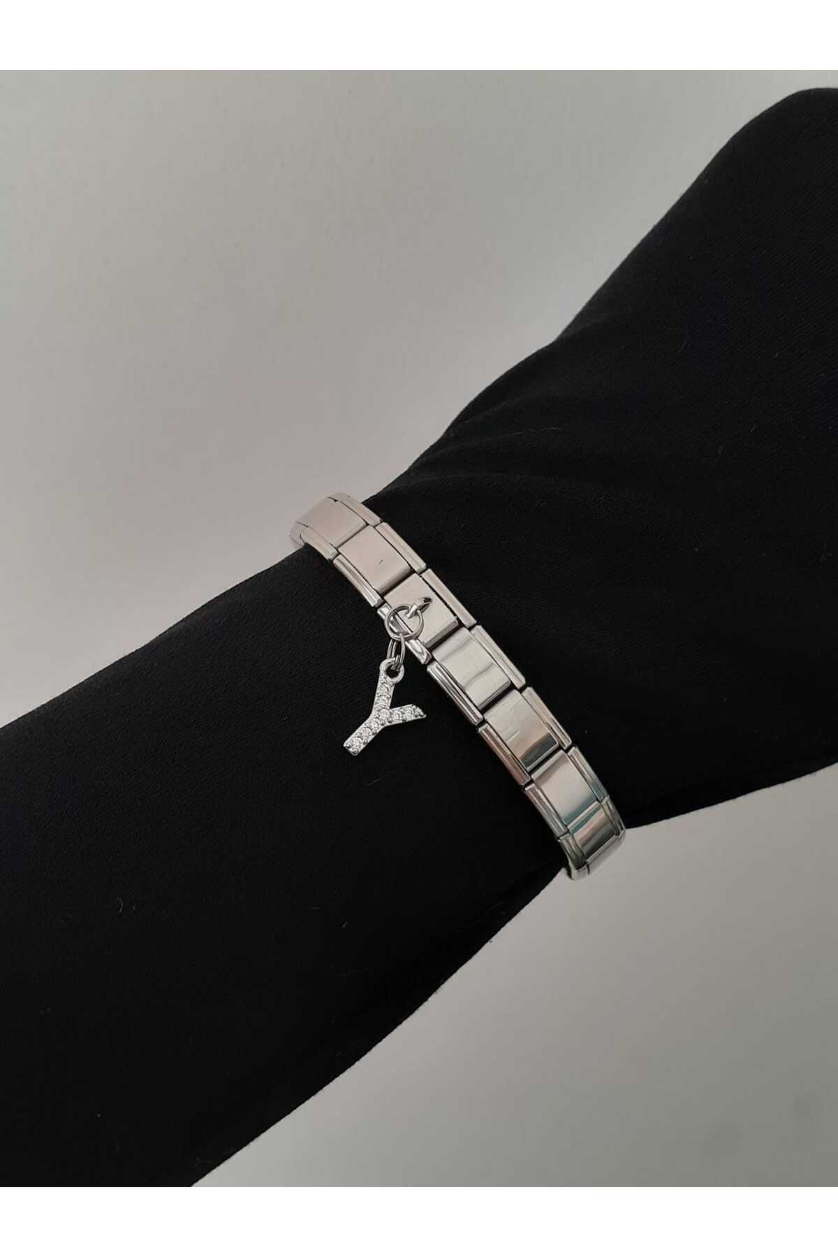 bijoux uniques Çelik Y Harfli Zirkon Taşlı İtalyan Charm Bileklik
