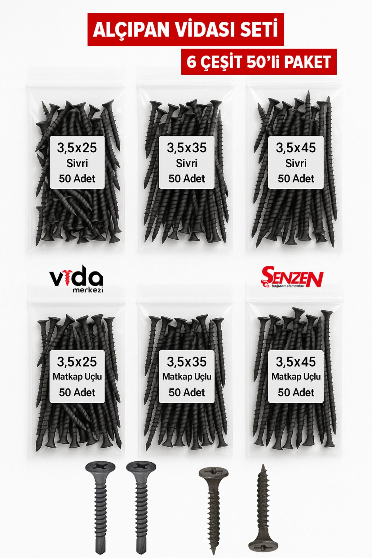 Şenzen Alçıpan Vida Seti – 3,5 mm Çap / 25-35-45 mm Boy – 6 Çeşit – Toplam 300 Adet