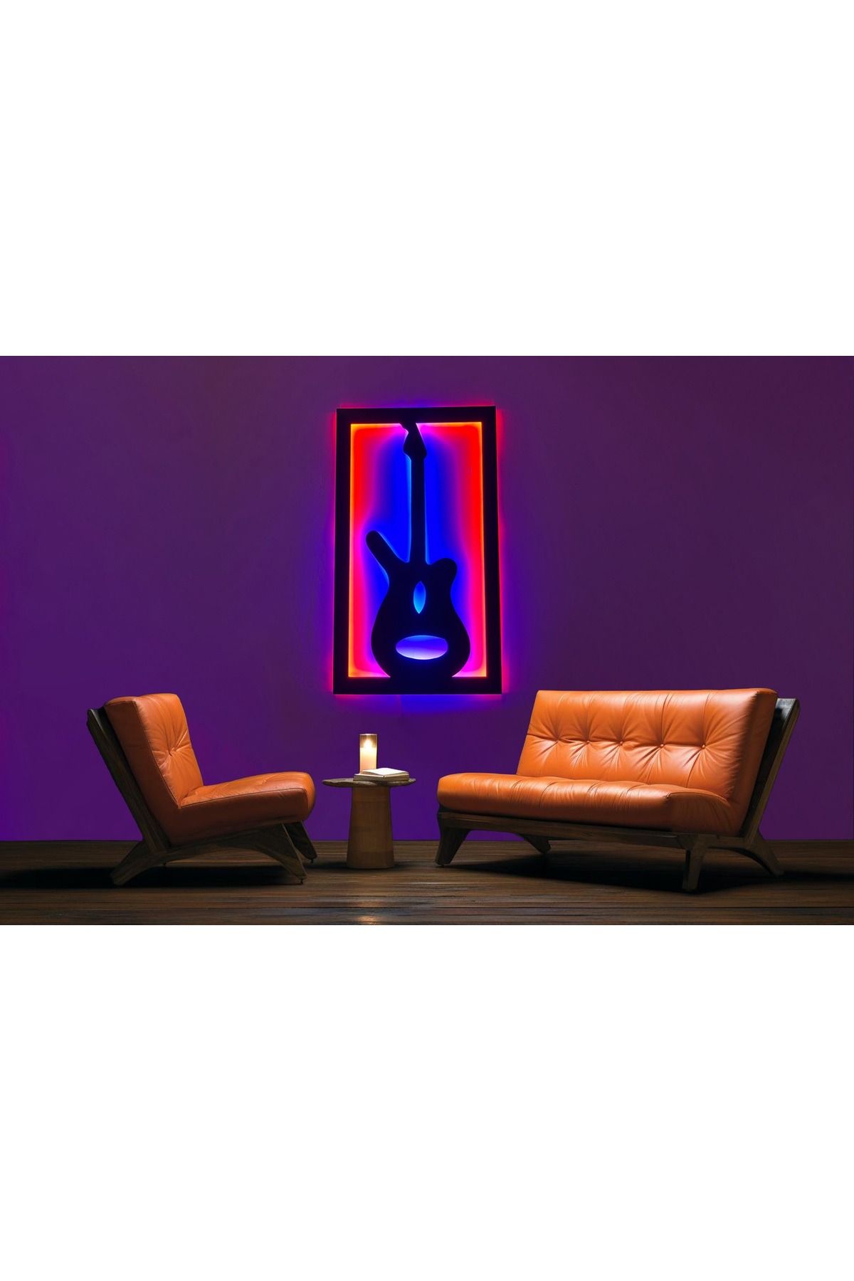 Adrift Gitar Figürlü Led Işıklı Tablo 5mm, Duvar Dekor Ahşap, Neon Işık,Duvar Süsü