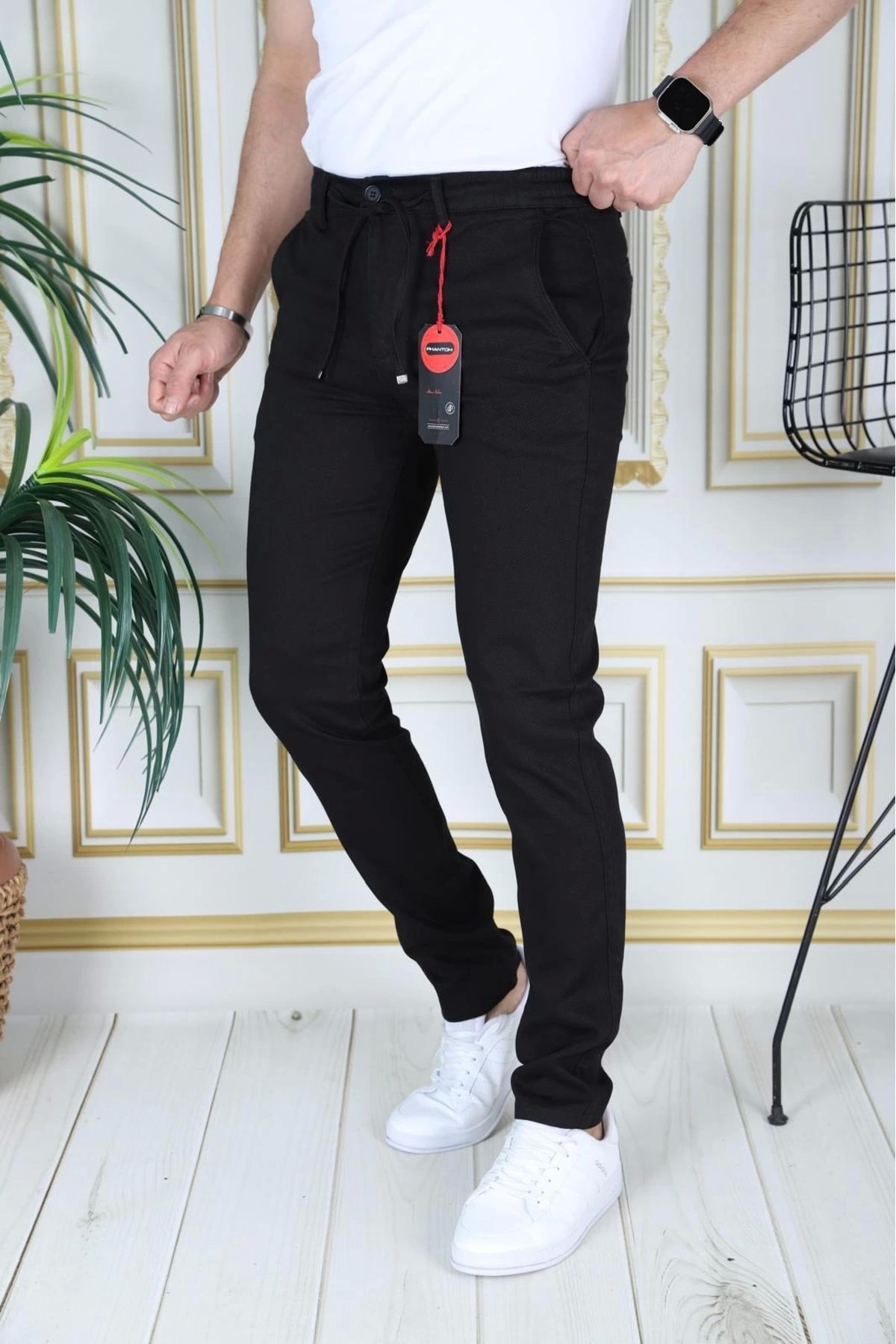 PHANTOM JEANS Erkek Siyah Slim Fit Esnek Likralı Armürlü Keten Bağcıklı Kemerli Beli Lastikli Şık Pantolon