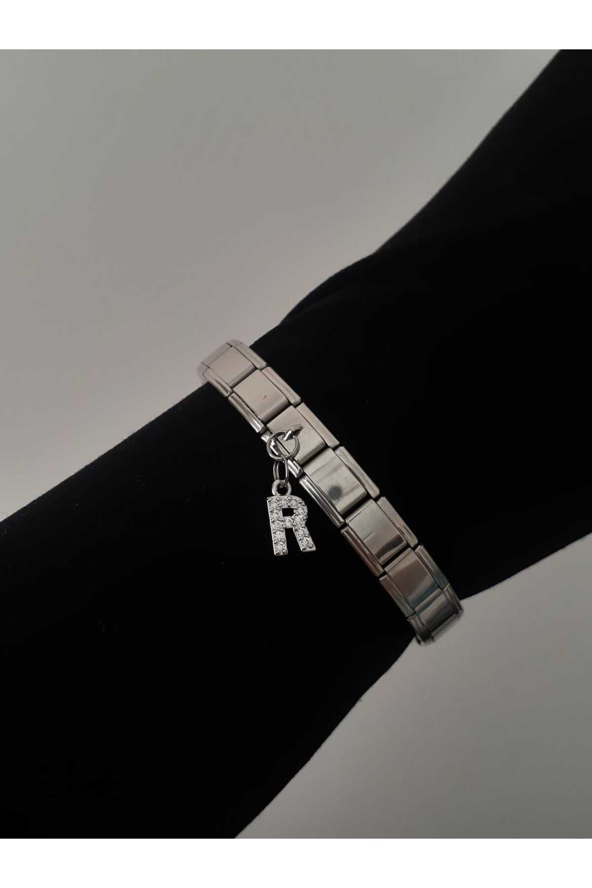 bijoux uniques Çelik R Harfli Zirkon Taşlı İtalyan Charm Bileklik