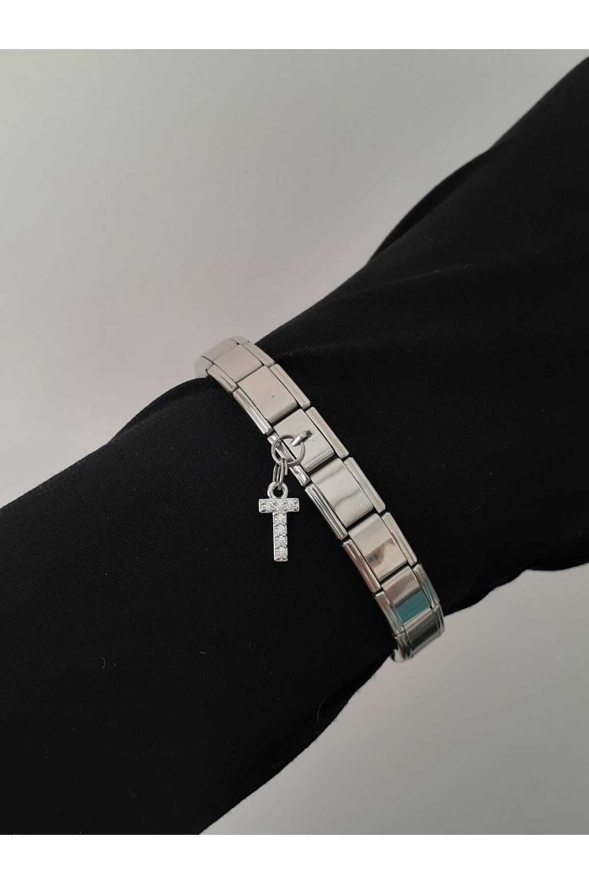bijoux uniques Çelik T Harfli Zirkon Taşlı İtalyan Charm Bileklik
