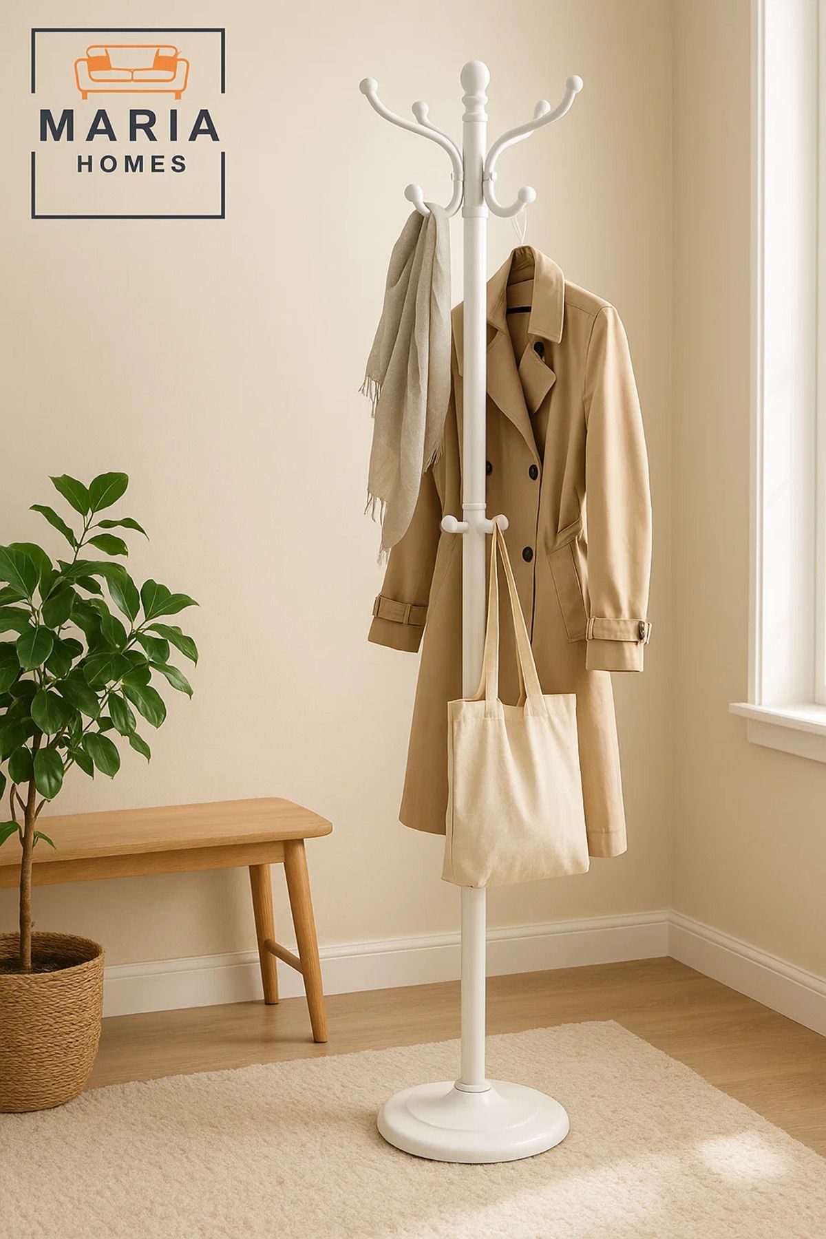 MARIA HOMES-White Standing Coat Rack with Rounded Hooks and Stable Circular Base 2