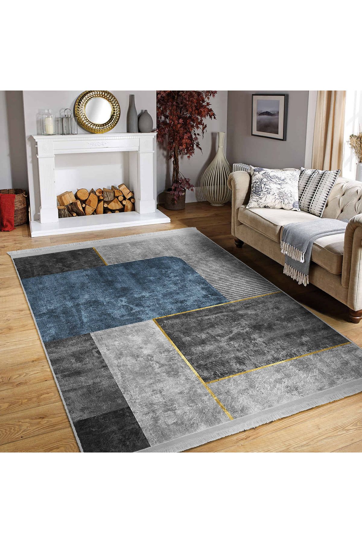 Realhomes Mavi Gri Tonlarında Modern Geometrik Desenli Yıkanabilir Kaymaz Taban Salon Halısı