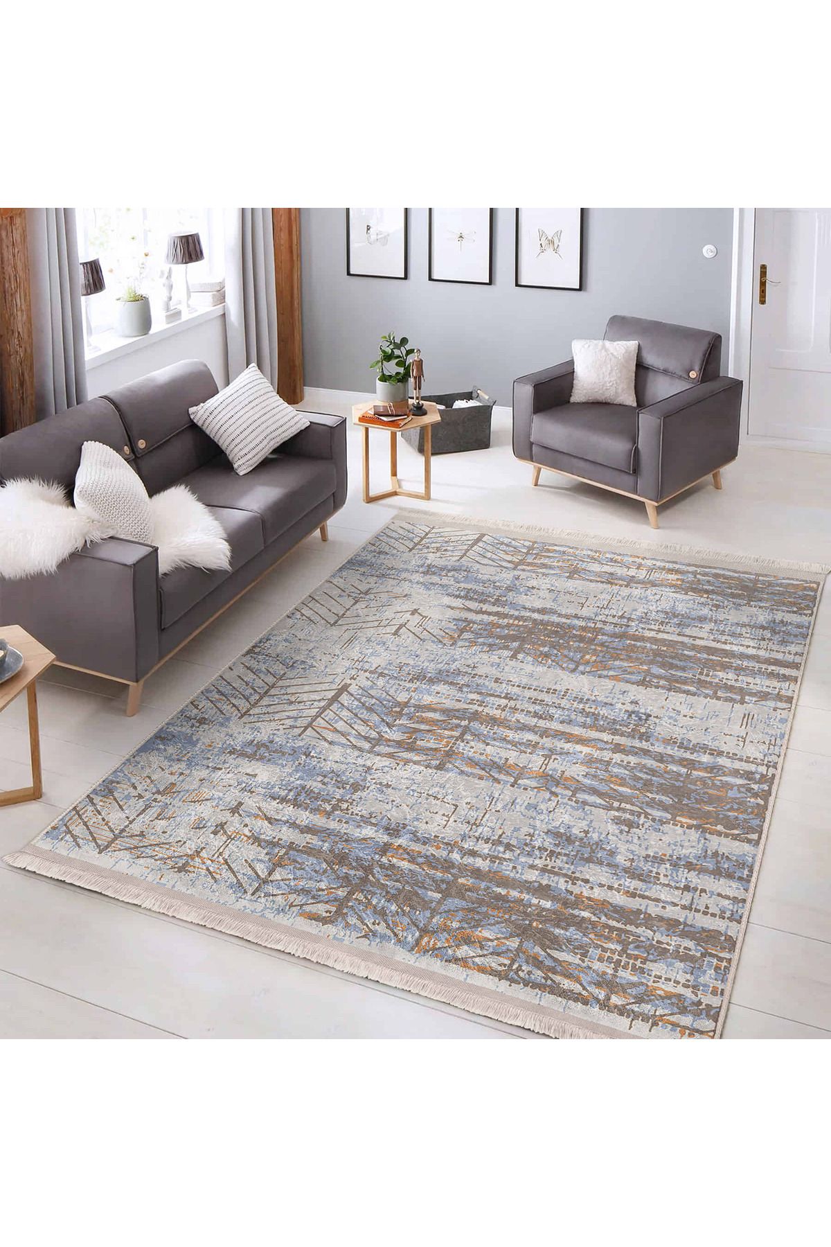 Realhomes Siyah & Beyaz Geometrik Desenli Modern Yıkanabilir Kaymaz Tabanlı Dikdörtgen Halı