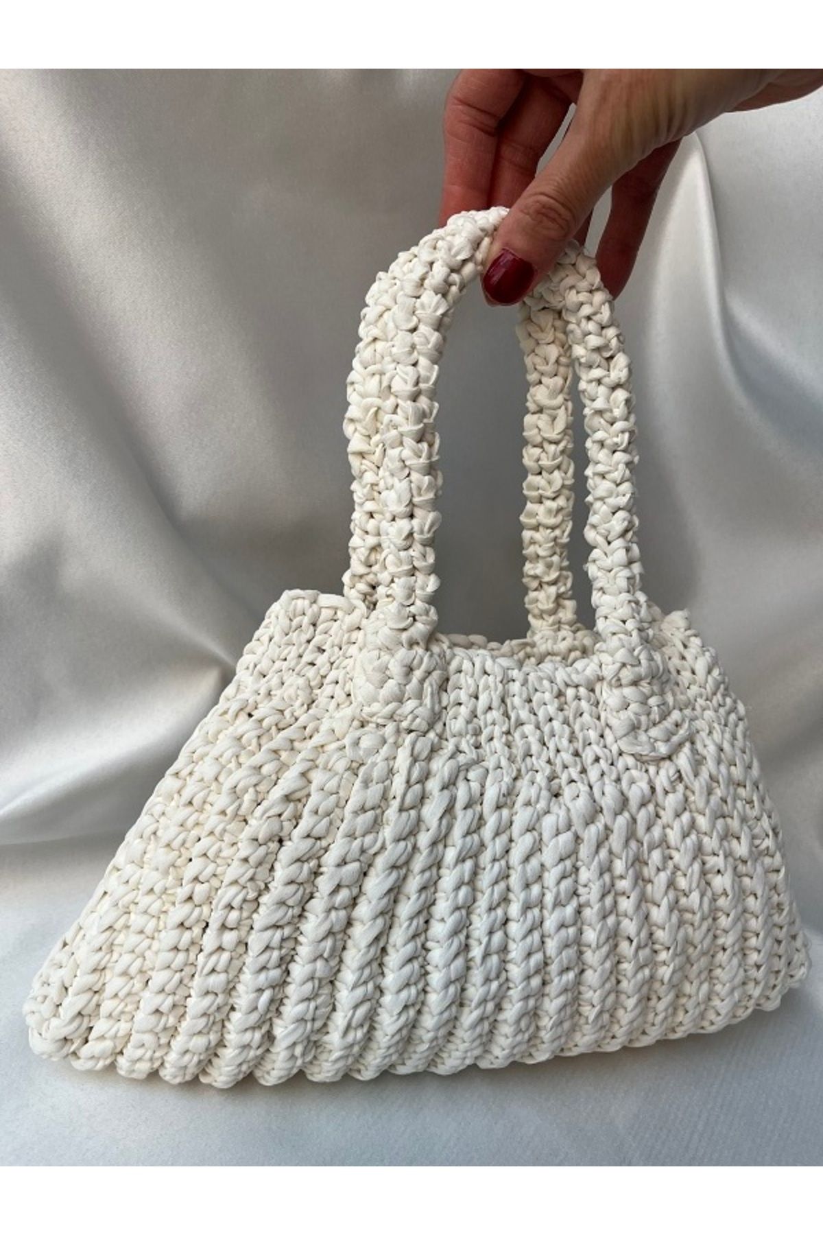 MSS ATALIER KADIN ÖRGÜ MİNİ BEYAZ EL ÇANTASI ,BAGET ÇANTA,MİNİ SHOPPER ÇANTA,TOTE KROŞE ÇANTA