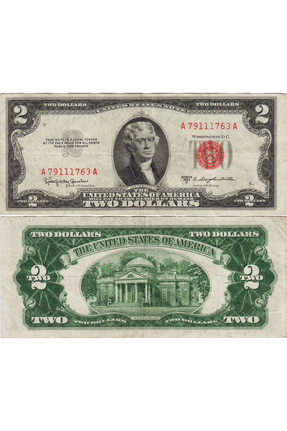 Banknoting AMERİKA BİRLEŞİK DEVLETLERİ 2 DOLAR 1953 C KIRMIZI MÜHÜR. ÇOK TEMİZ KONDİSYON.