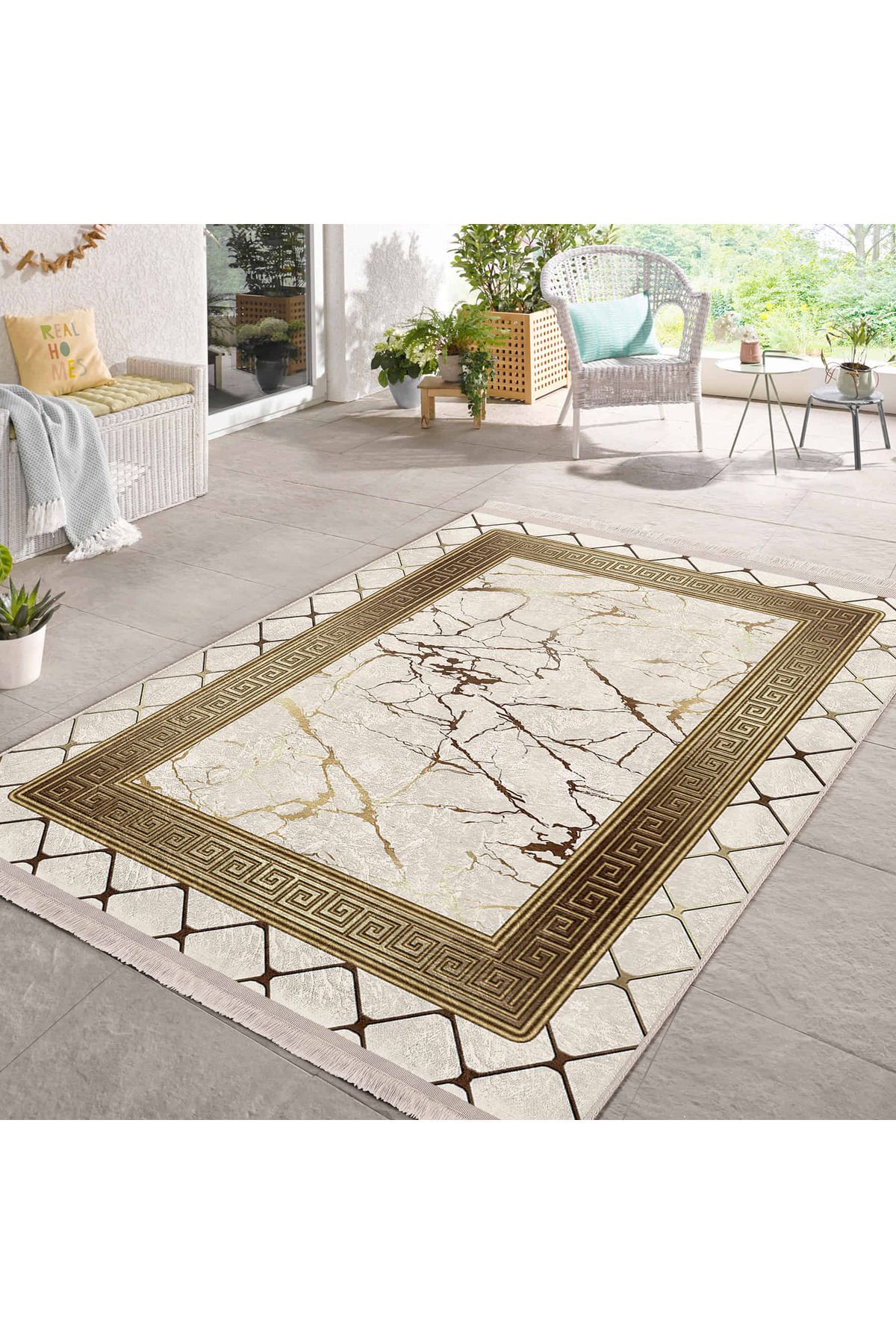 Realhomes Şık Altın Desenli Modern Salon Halısı - Yıkanabilir Kaymaz Taban Dikdörtgen Halı